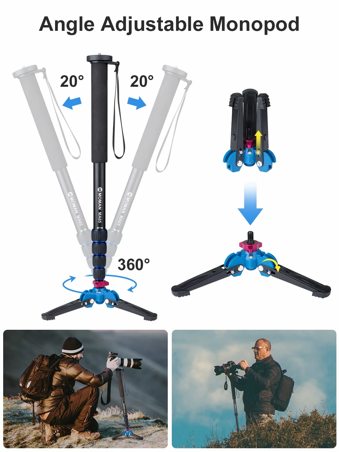 Moman Statyw Monopod z Nóżkami Do Aparatu Dslr Camcorder Dv, Lekki Przenośny Stop Aluminium Unipod, Podstawa Statywu W Zestawie, 5 Sekcji Do 163 cm