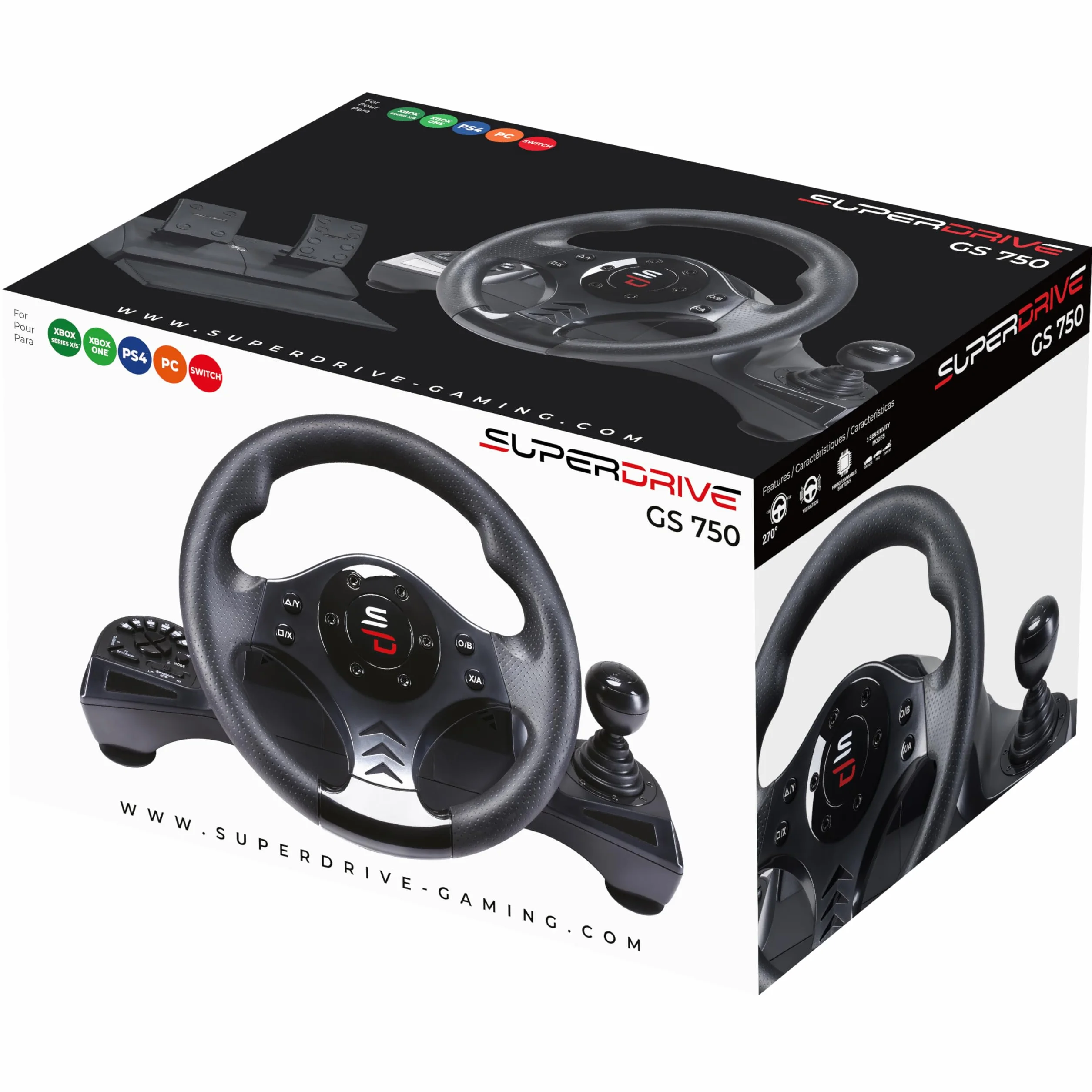 SUBSONIC Superdrive – kierownica wyścigowa GS750 Drive Pro z pedałami, wiosłami, dźwignią zmiany biegów i wibracjami do Xbox serii X/S, PS4, Xbox One, PC (programowalna do wszystkich gier)