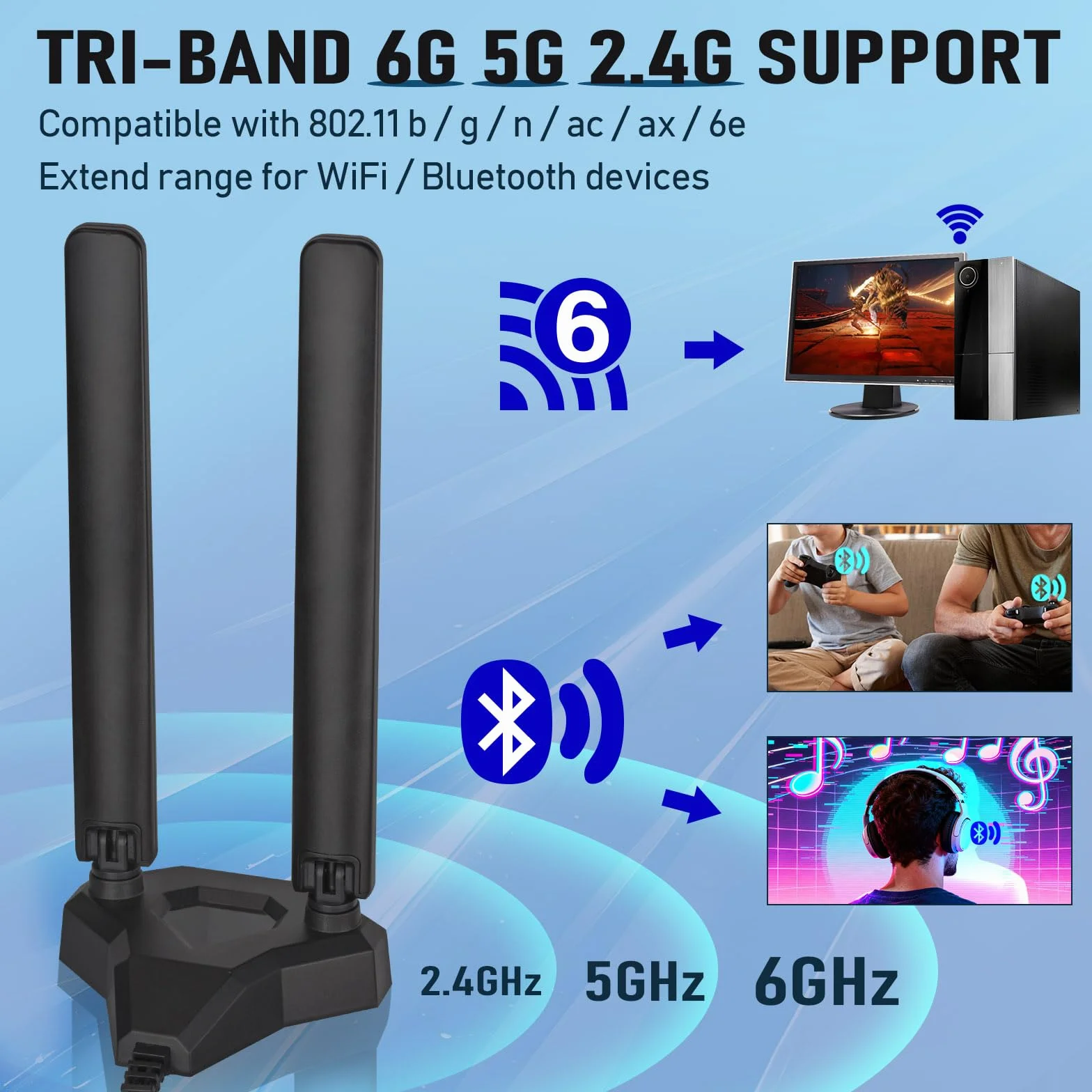 Eightwood Antena WiFi 6E 2,4 GHz 5 GHz 6 GHz WLAN wzmacniacz sygnału Tri-Band RP-SMA + adapter SMA magnetyczna podstawa z przedłużaczem 2 m do kart Wi-Fi, kart PCI, routera, płyty głównej Bluetooth
