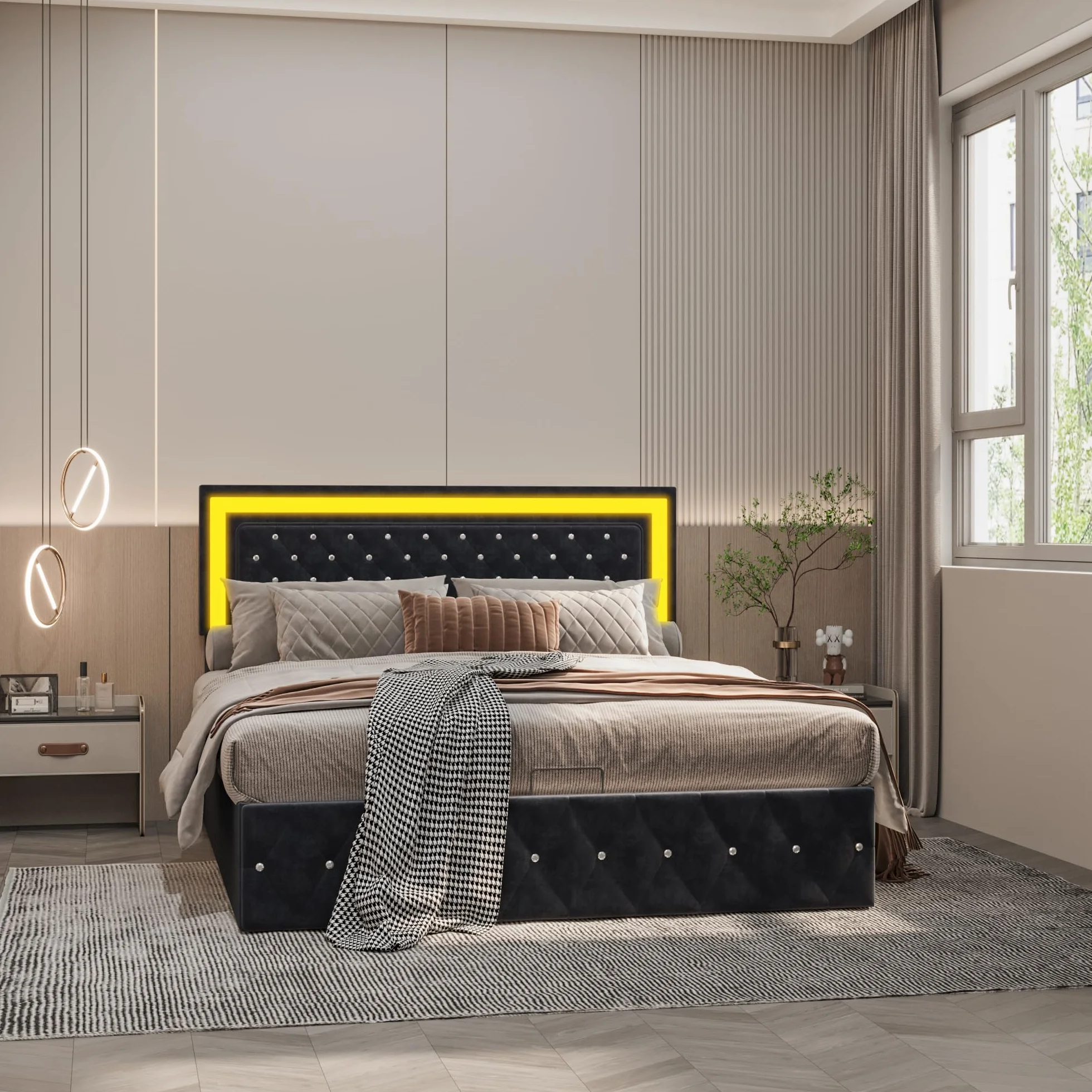 PerGar Łóżko tapicerowane podwójne 160 x 200 cm z miejscem do przechowywania, hydrauliczne łóżko do przechowywania, zagłówek LED, łóżko młodzieżowe, łóżko funkcyjne, ze skrzynią na pościel, metalowa