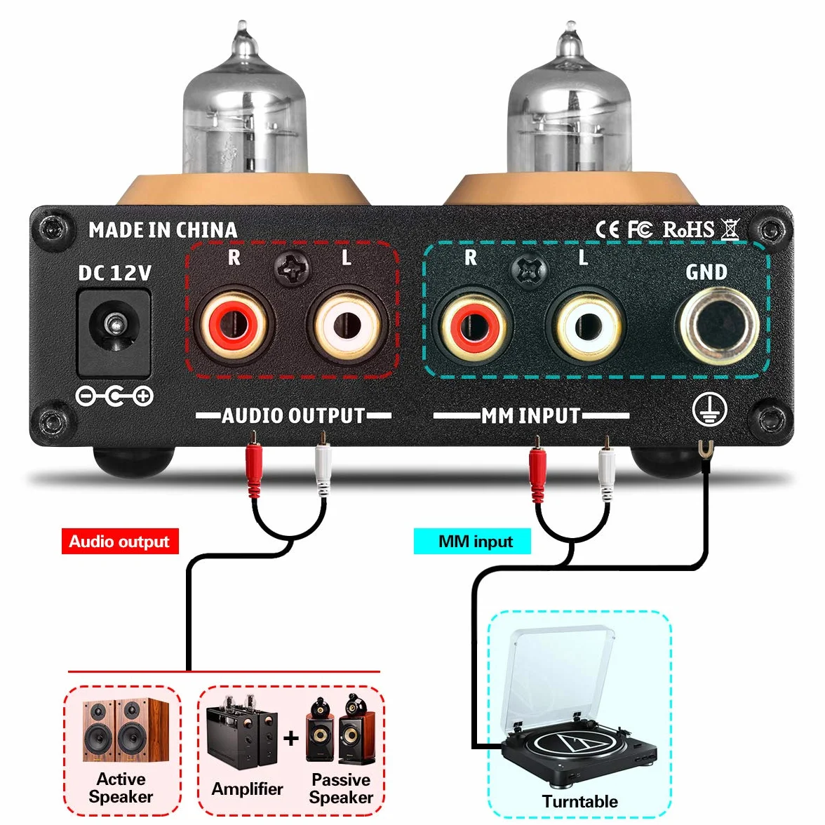 Douk Audio T3 PRO Phono przedwzmacniacz rurowy do gramofonów, przedwzmacniacz gramofonowy MM, mini Valve Stereo Preamp do odtwarzacza nagrywarki