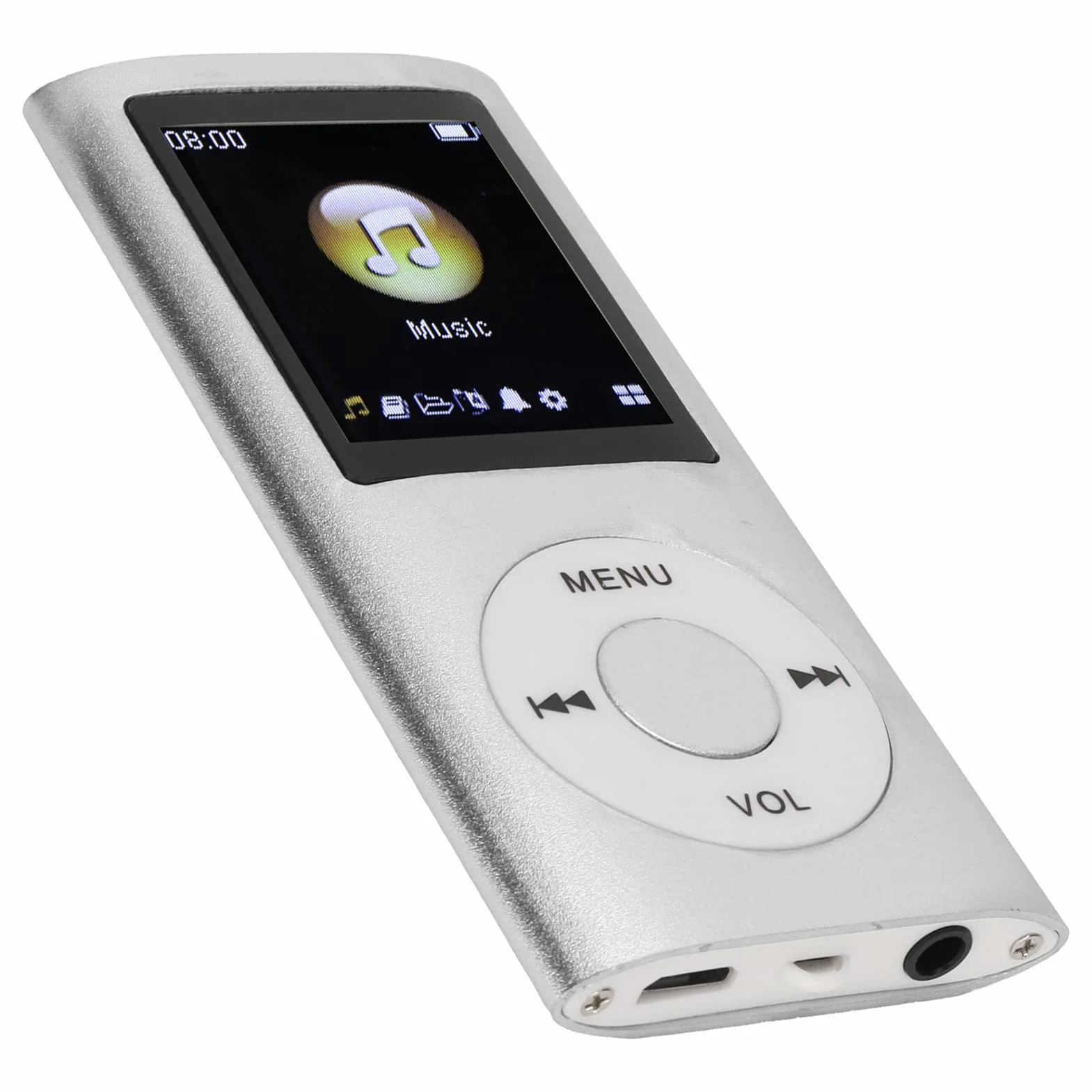 Odtwarzacz MP3/MP4, Przenośny Odtwarzacz Muzyki ze Słuchawkami, Ekran HD 1.8 Cala, Obsługa Karty Pamięci do 64 GB, Czas Odtwarzania 8H, Super Lekka Metalowa Obudowa(Srebro)