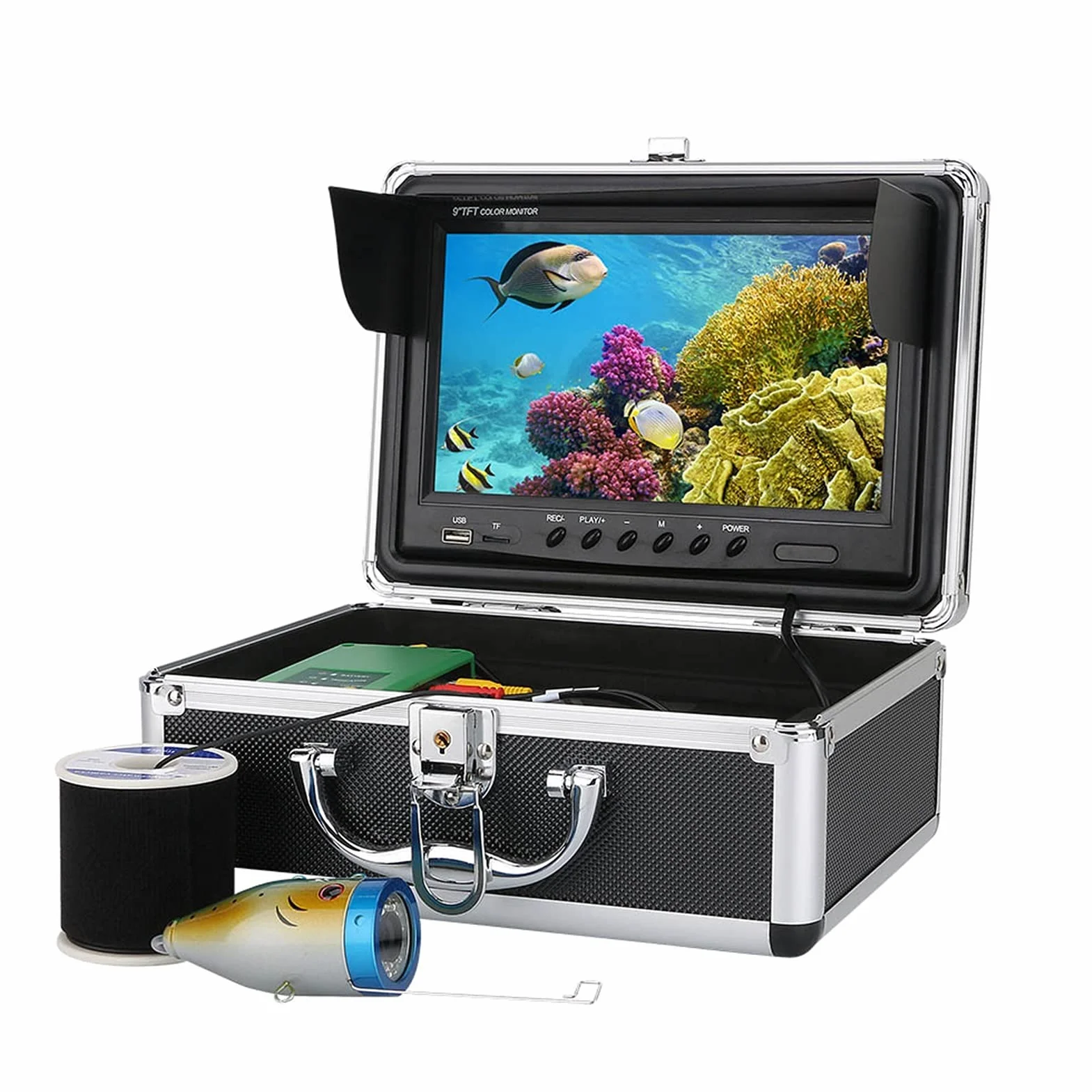 Podwodna Kamera, 9 cali DVR. Fisher Fisher 100. 0TVL. Podwodna nagrywanie Kamera połowowa 15 sztuk biały LE DS Plus 15 sztuk Lampa na podczerwień,Echosonda(30M Cable)