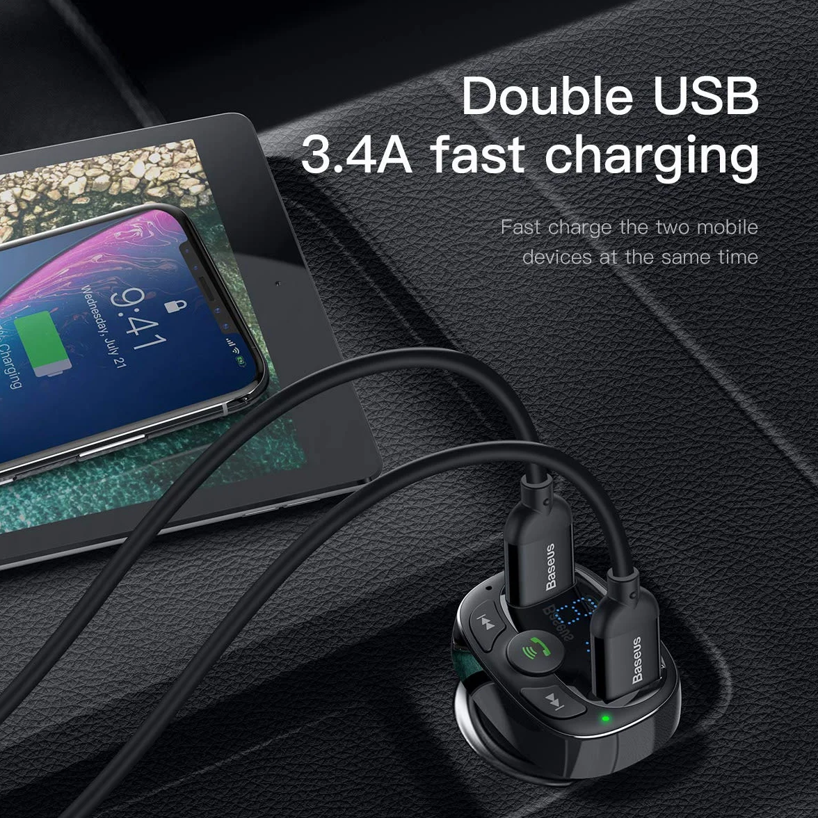 Baseus FM Transmitter T typed Bluetooth 2xUSB microSD (czarny)