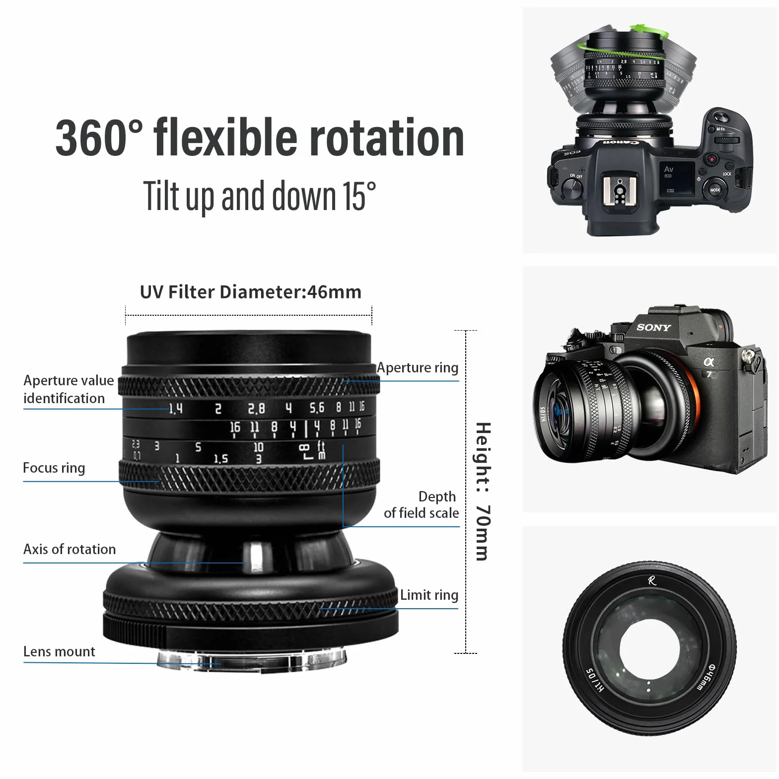 AstrHori 50 mm F1.4 obiektyw z szerokim otworem Ręczna pełna ramka Obiektyw pochylany 2 w 1 Kompatybilny z aparatem bezlusterkowym Canon RF-Mount EOS RP, EOS R5, EOS R6, EOS R3, EOS R itp.