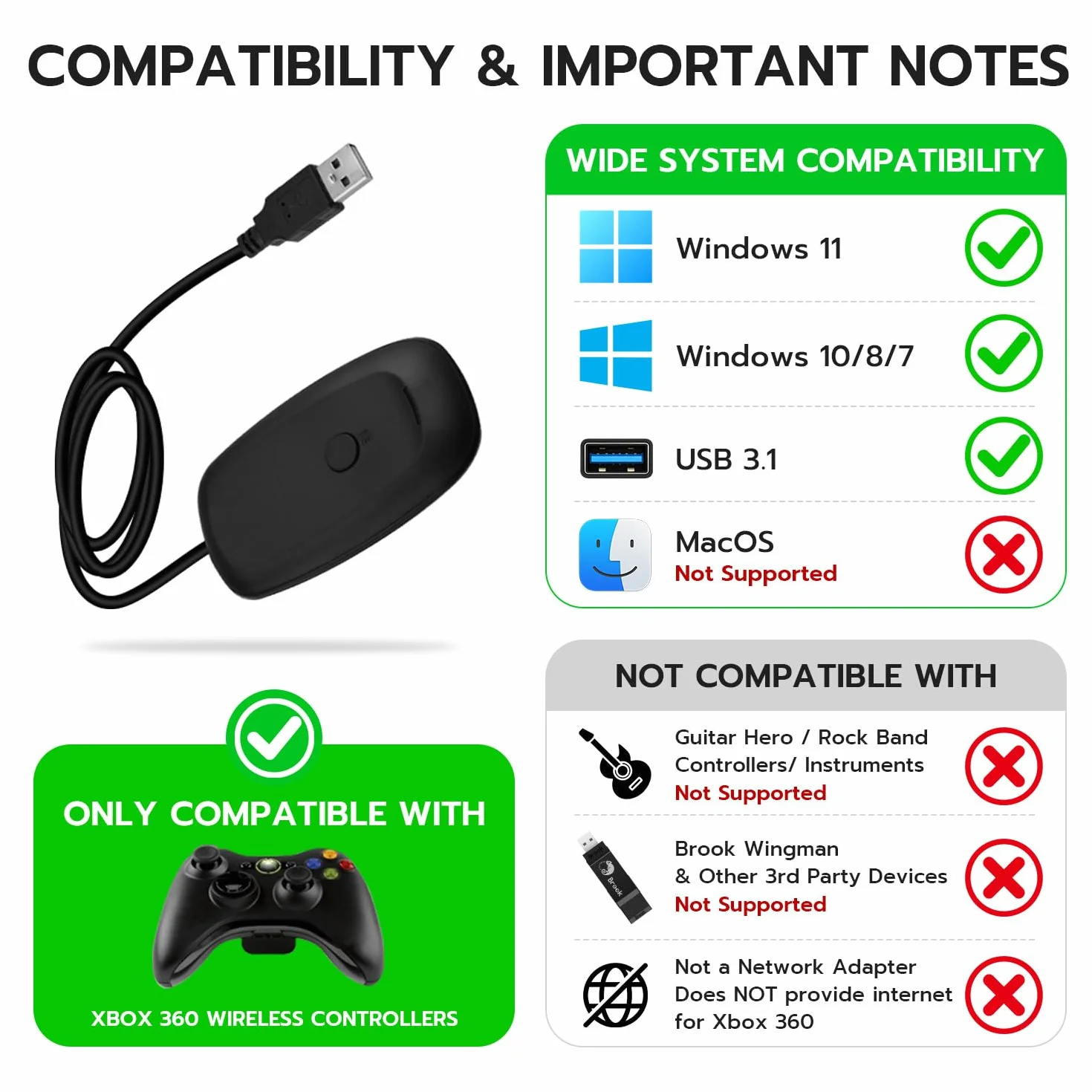 Mcbazel Bezprzewodowy USB 2.0 Gaming Receiver Adapter do Xbox 360 PC - Czarny