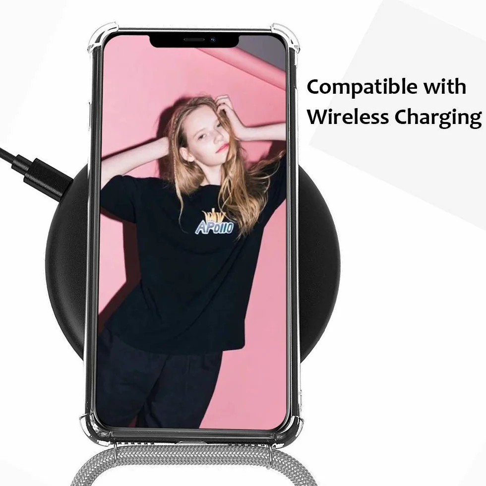XTCASE Naszyjnik do iPhone 13, etui ze sznurkiem - łańcuszek na szyję - przezroczysty silikonowy pokrowiec z liną sznurkową, szary