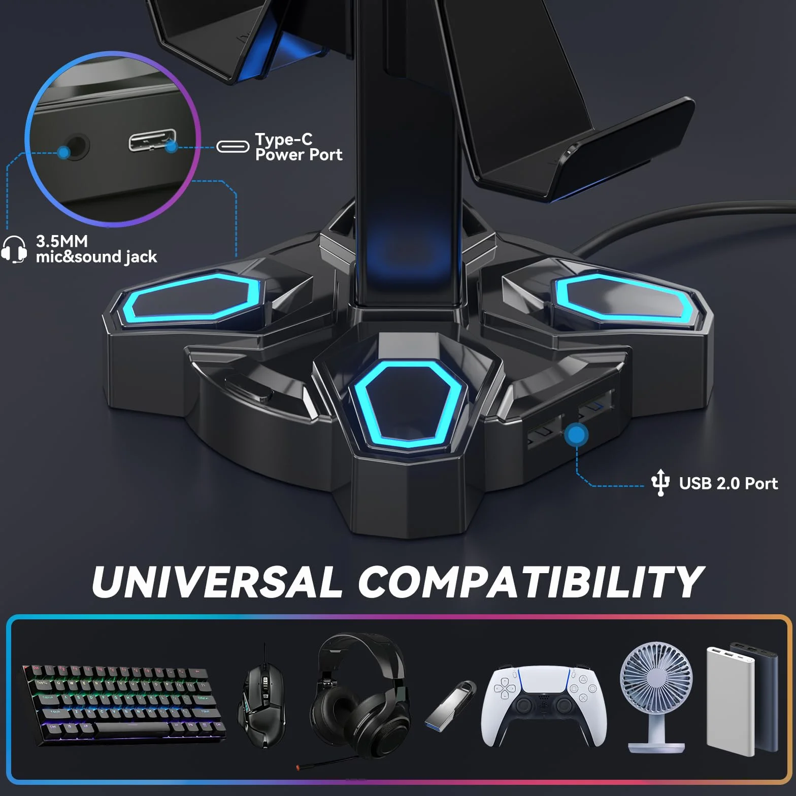 Stojak na Słuchawki Gaming RGB KDD, Obrotowy Stojak na Słuchawki z 9 Trybami Podświetlenia - Uchwyt na Kontroler z 2 Portami Ładowania USB i 3,5 mm - Wieszak na Słuchawki, Akcesoria na Biurko (Czarny)