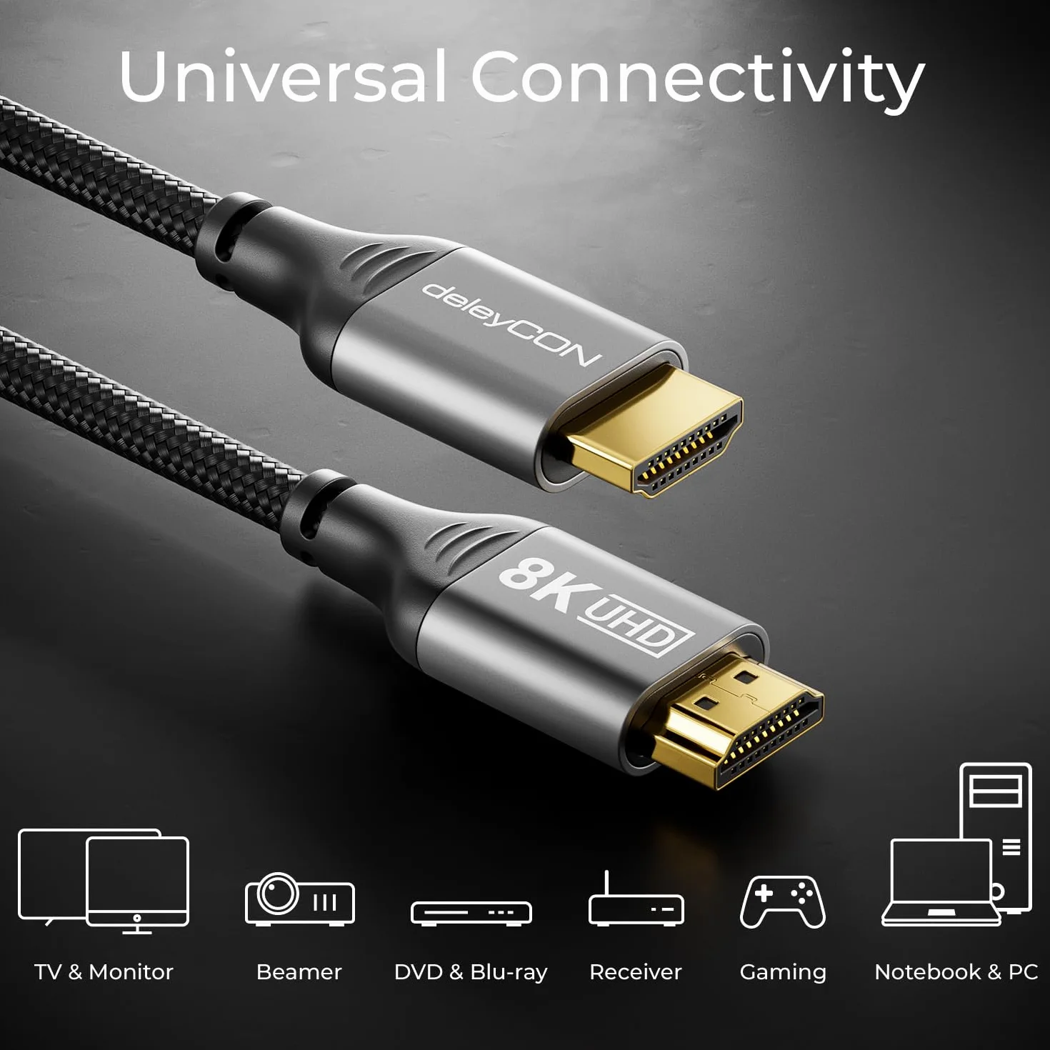 deleyCON 3,0m 8K HDMI 2.1 Kabel (48G, ULTRA Highspeed) 8K@60Hz 4K@120Hz 2K@144Hz/165Hz EARC HDCP 2.3/2.2 - Kompatybilny z DTS:X Dynamiczny HDR Dolby Atmos TV PS5 Xbox Soundbar Monitor
