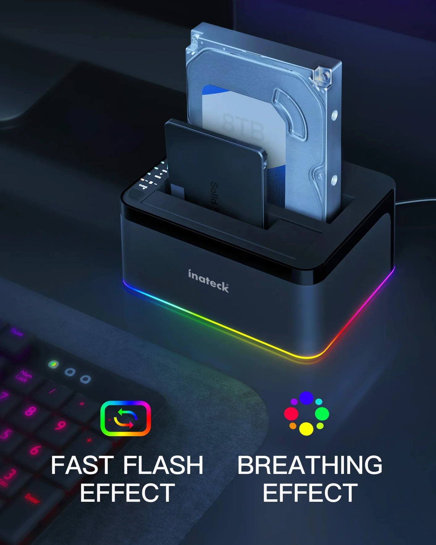 Inateck Stacja dokująca do dysków twardych RGB USB 3.0 z funkcją klonowania offline, do 2,5 i 3,5 cala SATA HDD i SSD, obsługuje UASP, czarna