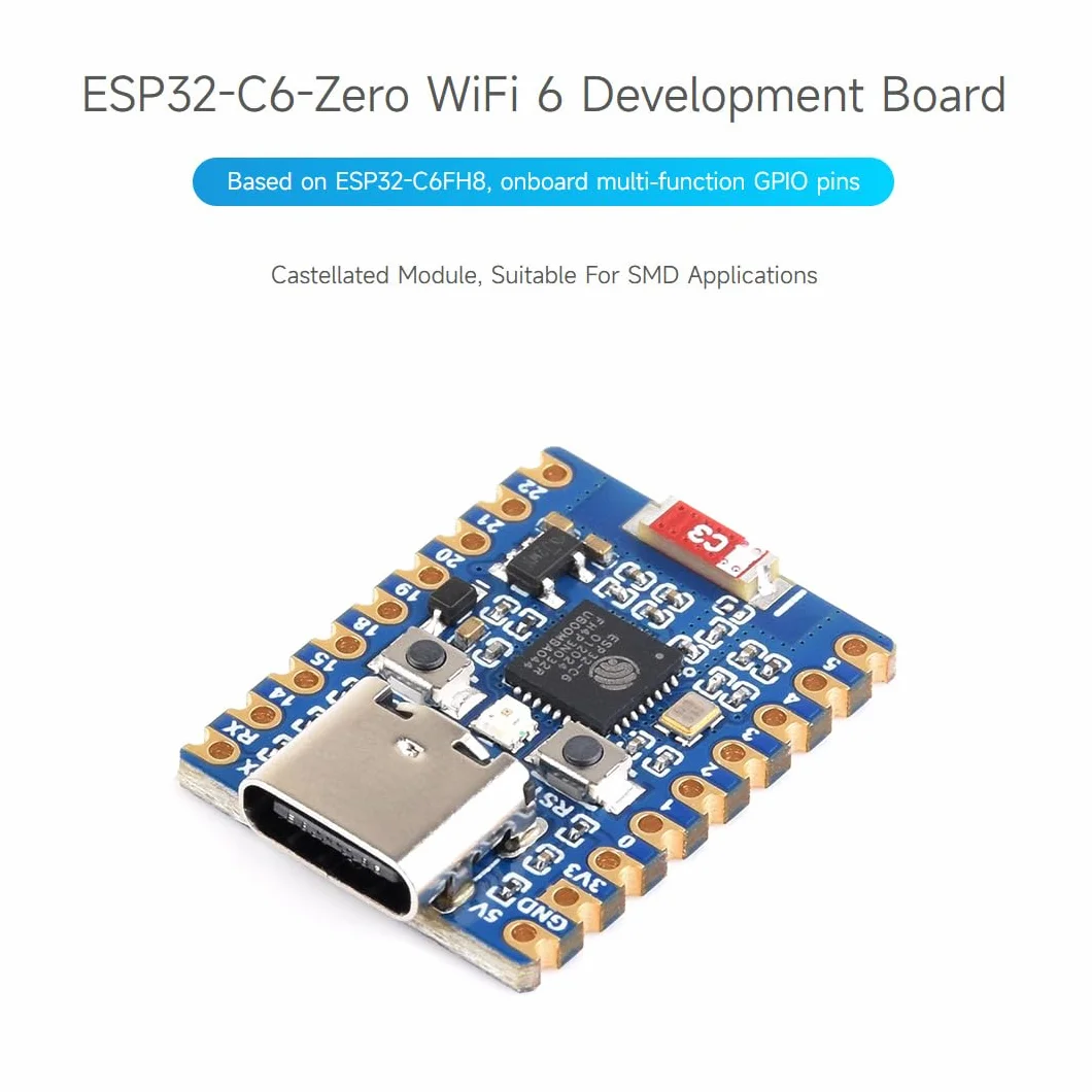 Waveshare ESP32-C6 Mini Development Board(with Pre-soldered Header), Based On ESP32-C6FH8, Dual Processors, 160MHz Running Frequency, 2.4GHz WiFi 6 & BT5, ESP32 Development Board