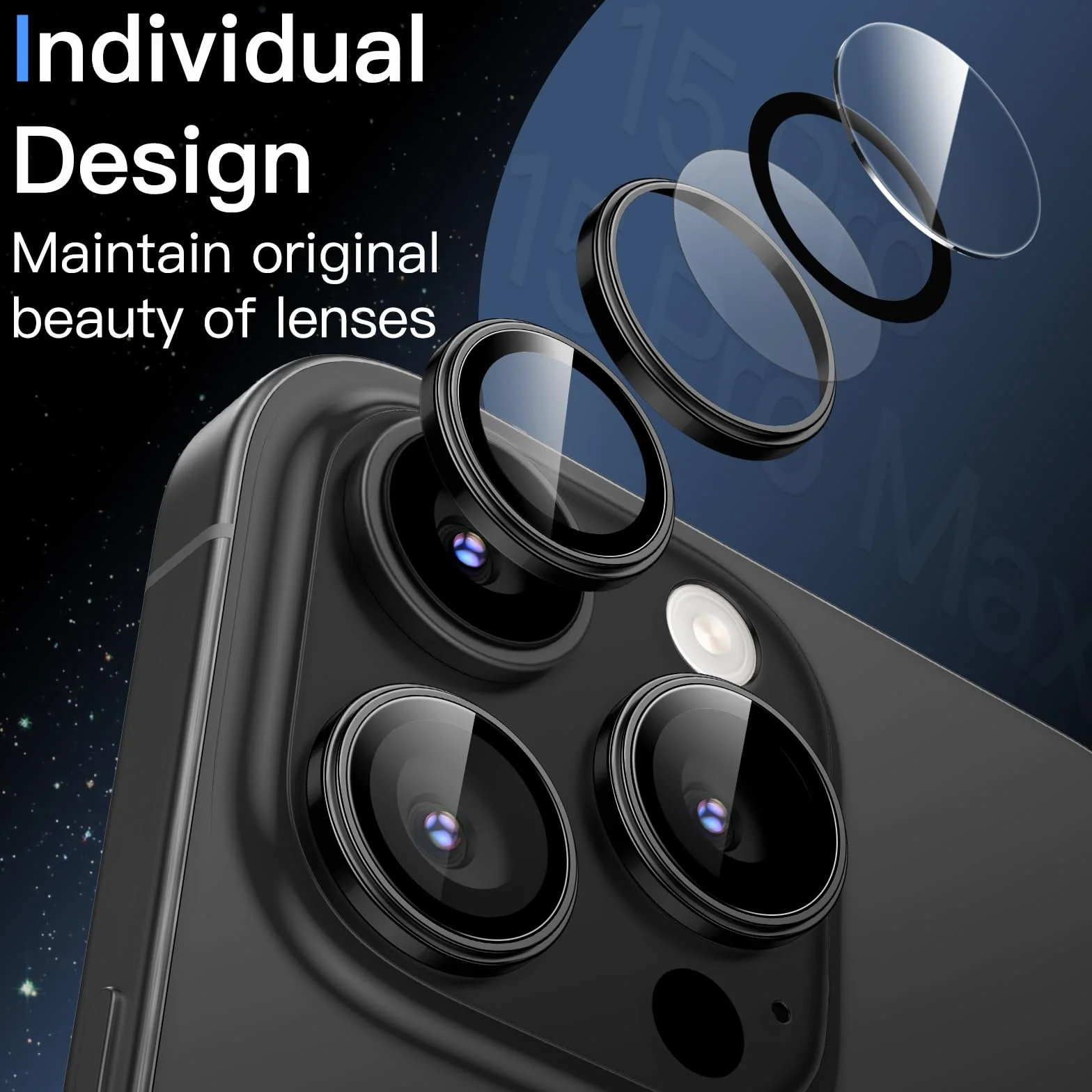 JETech Ochraniacz Obiektywu Aparatu dla iPhone 15 Pro 6,1 Cala i iPhone 15 Pro Max 6,7 Cala, 9H Szkło Hartowane Metalowa Indywidualnym Pierścieniem, HD Przejaśniać, 1 Zestaw (Tytan Czarny)