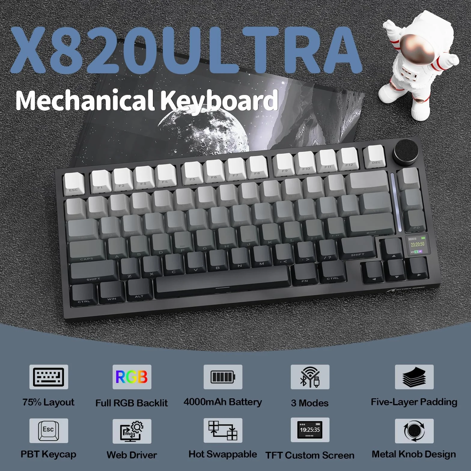 ATTACK SHARK X820 Ultra Bezprzewodowa Klawiatura Mechaniczna z Wyświetlaczem TFT i Pokrętłem, 75% Wymienne Przełączniki, Klawiatura Gamingowa, BT/2.4G/USB-C, RGB (Czarna Gradientowa–Switch Gift)