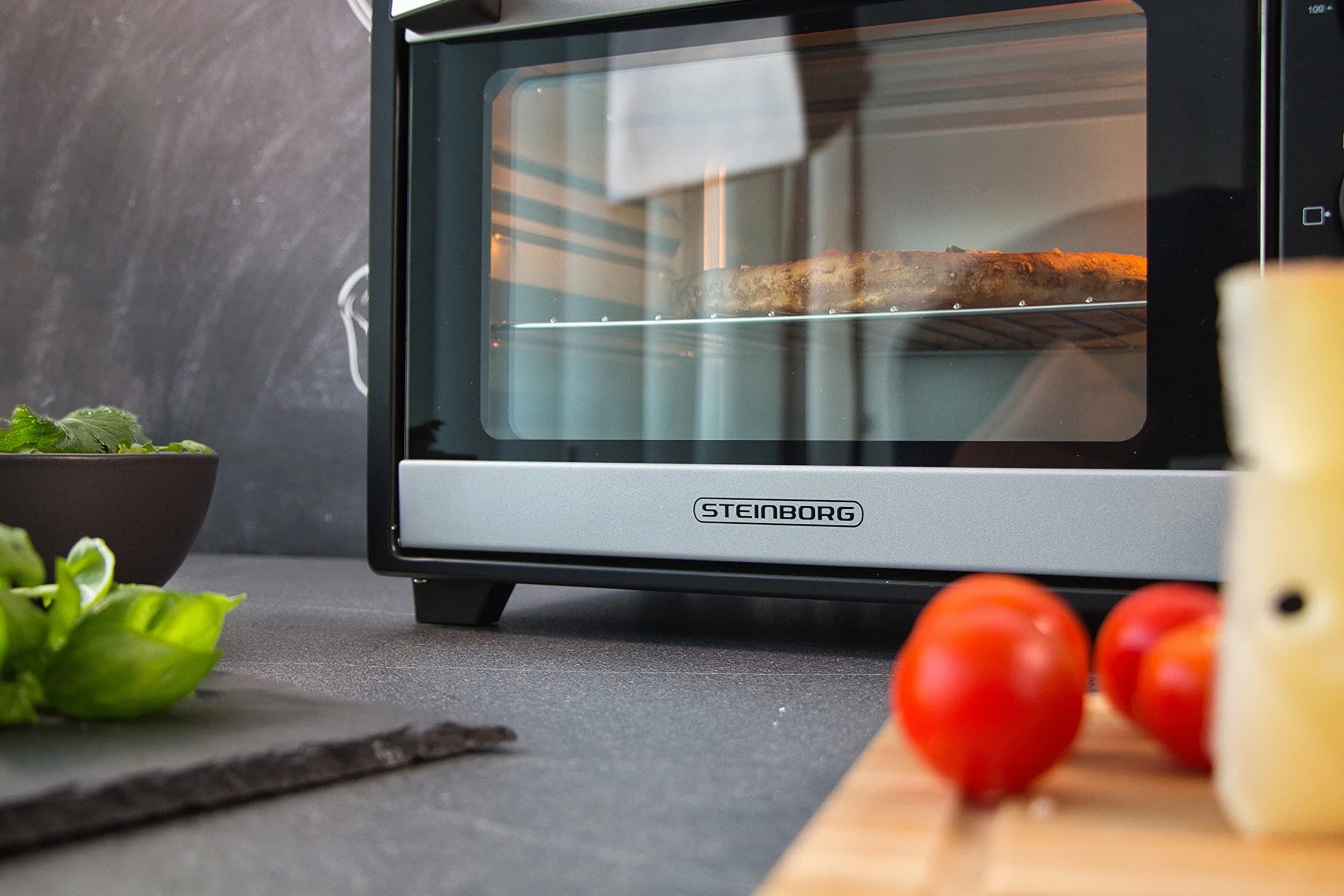 STEInBORG Mini piekarnik 25 l, piec do pizzy, piekarnik 3 w 1, mini piekarnik, blacha na okruchy, ogrzewanie górne/dolne, konwekcja, timer 60 min, 1600 W (25 litrów stali nierdzewnej)