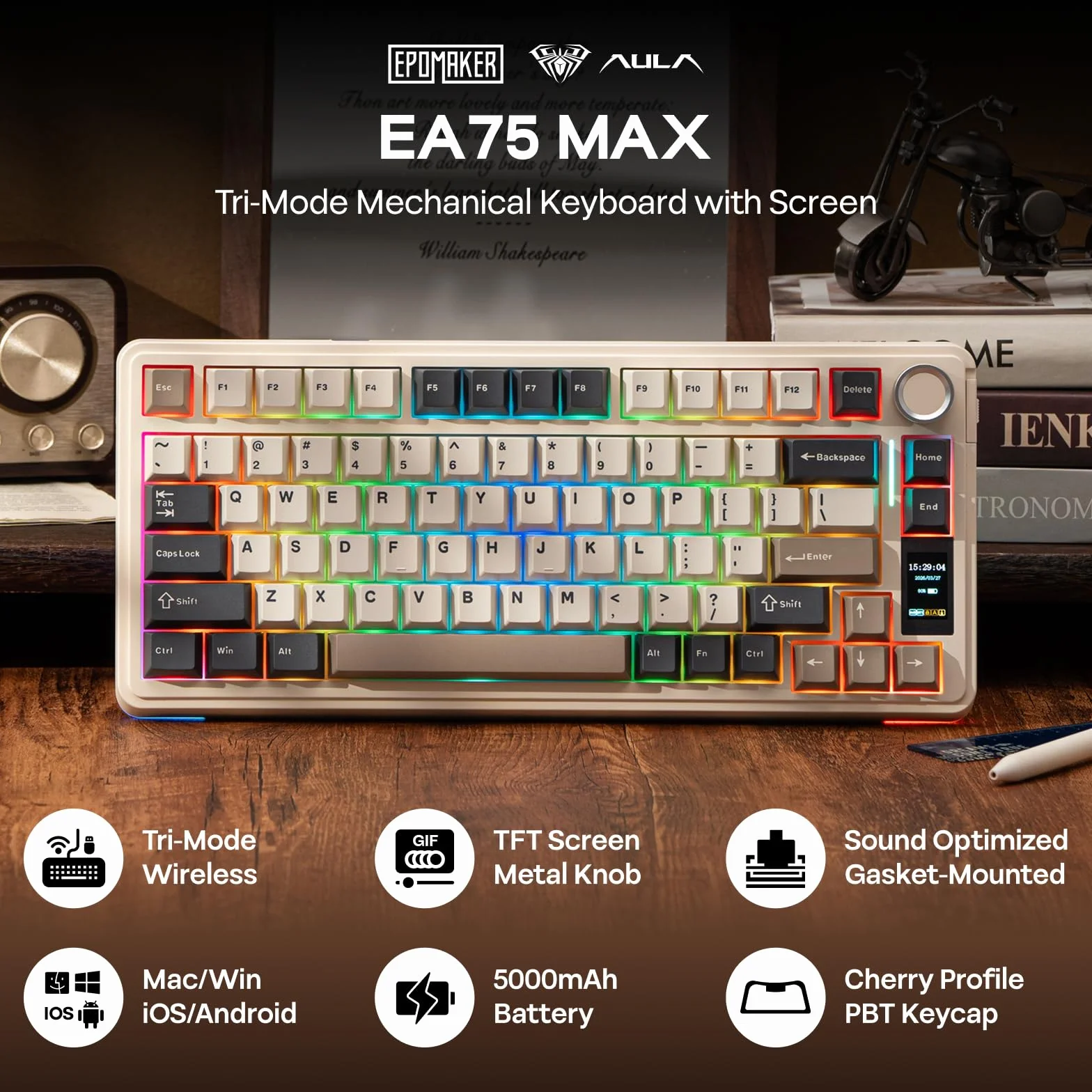 EPOMAKER X Aula EA75 MAX 75% bezprzewodowa klawiatura mechaniczna RGB Hot-Swap PBT Creamy Gasket