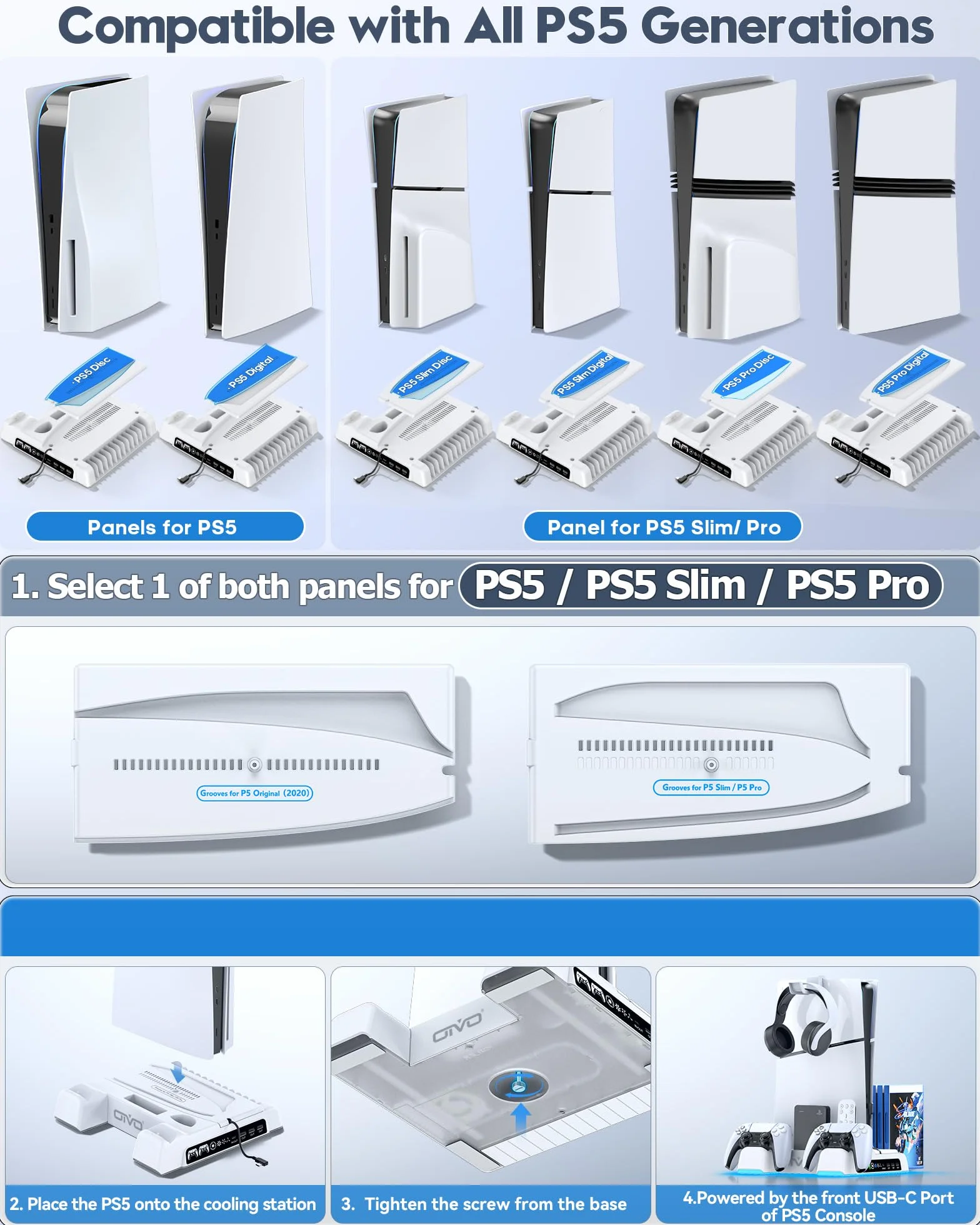 OIVO Stojak PS5 z wentylatorem o 3 prędkościach, ładowarka kontrolera PS5 ze wskaźnikiem RGB, pionowy stojak PS5 z 3 portami USB i 14 gniazdami na gry dla konsoli PS5