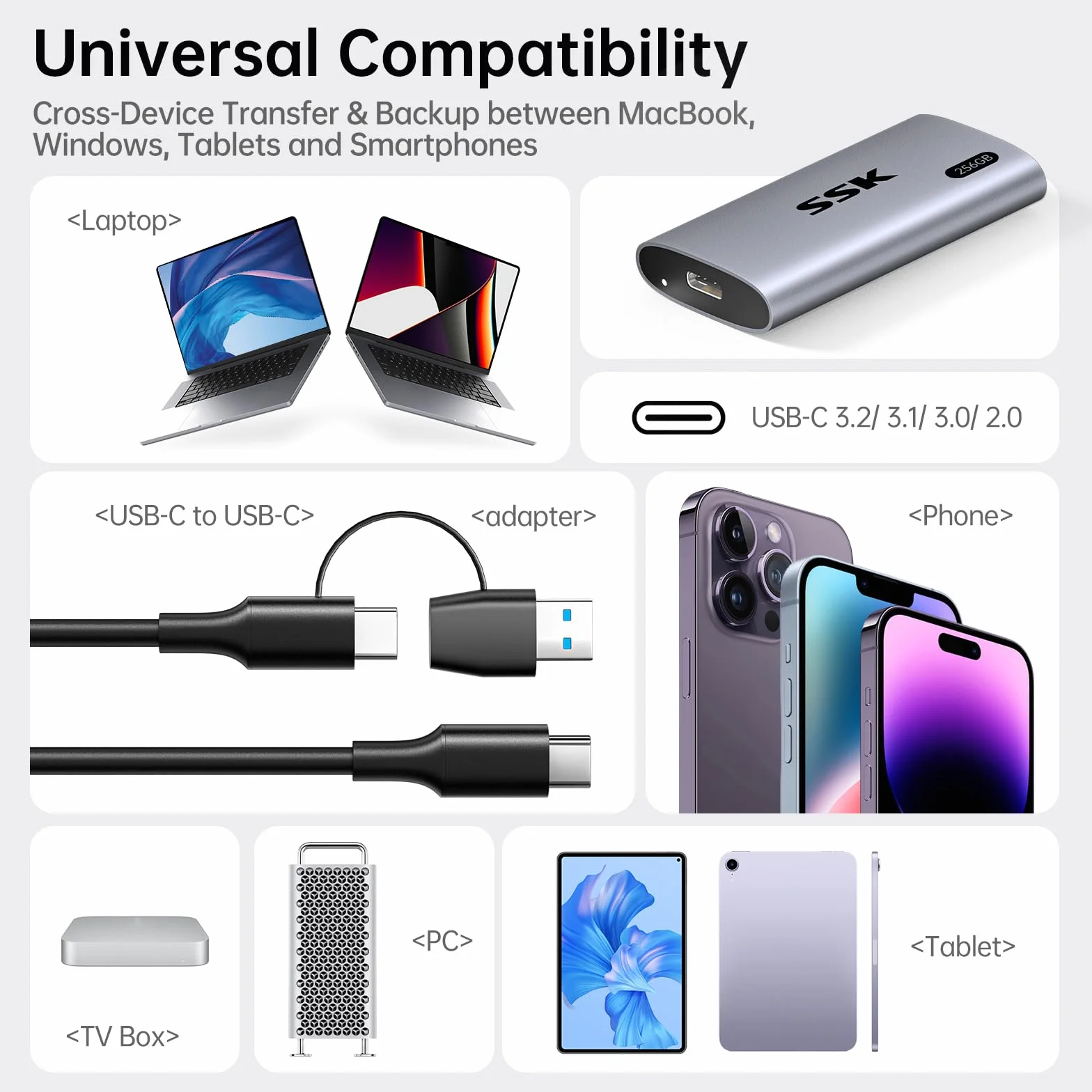 SSK 256GB Przenośny Dysk SSD Zewnętrzny Do 550MB/s, Zewnętrzny Dysk SSD USB 3.2 Gen2 dla iPhone 15/16/Pro, Windows, Mac, Android Z światłem LED, obsługujący TRIM, SMART
