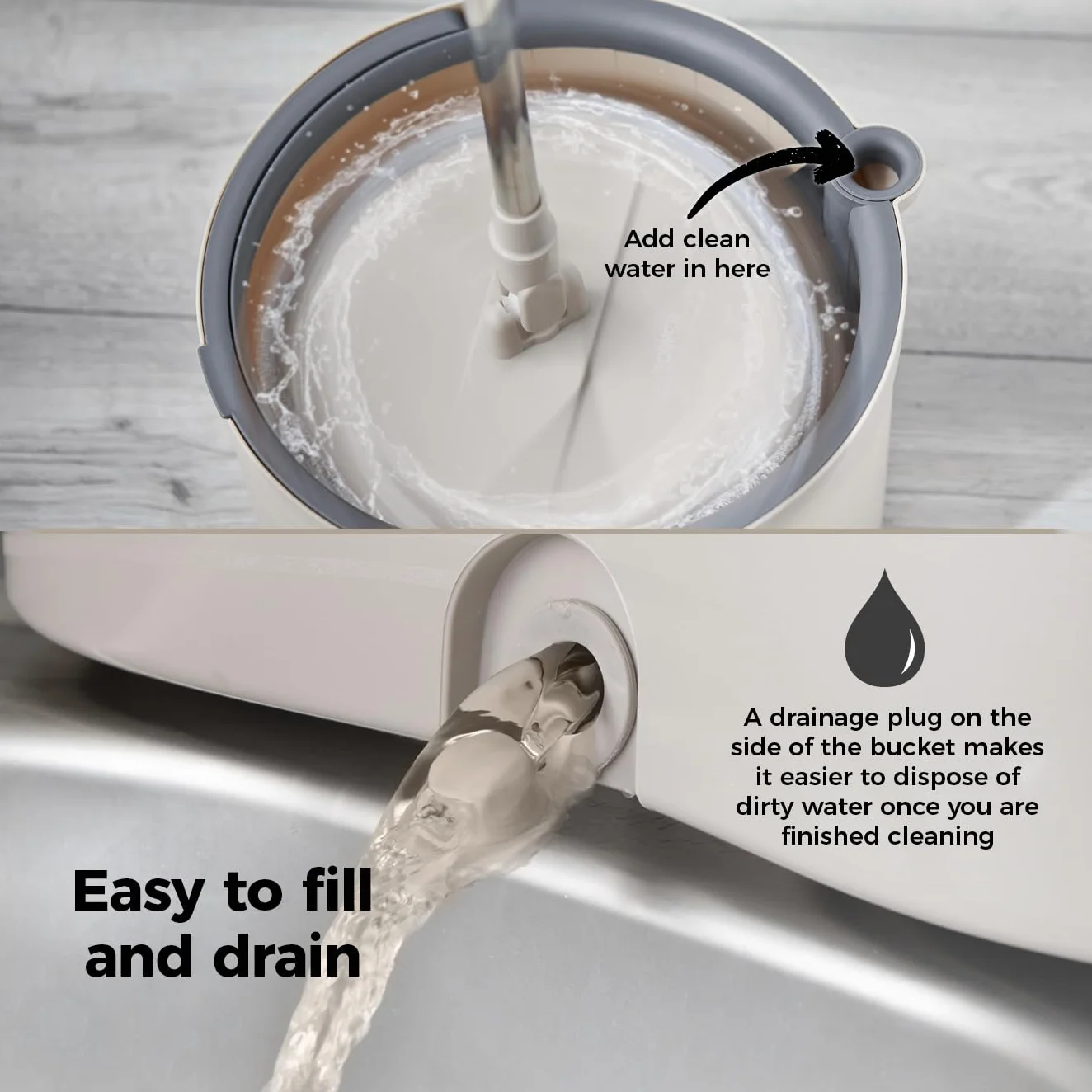 Tower T869009MSH Duo Compact Spin Mop, wbudowana turbina, 2 pojemniki, latte, szary