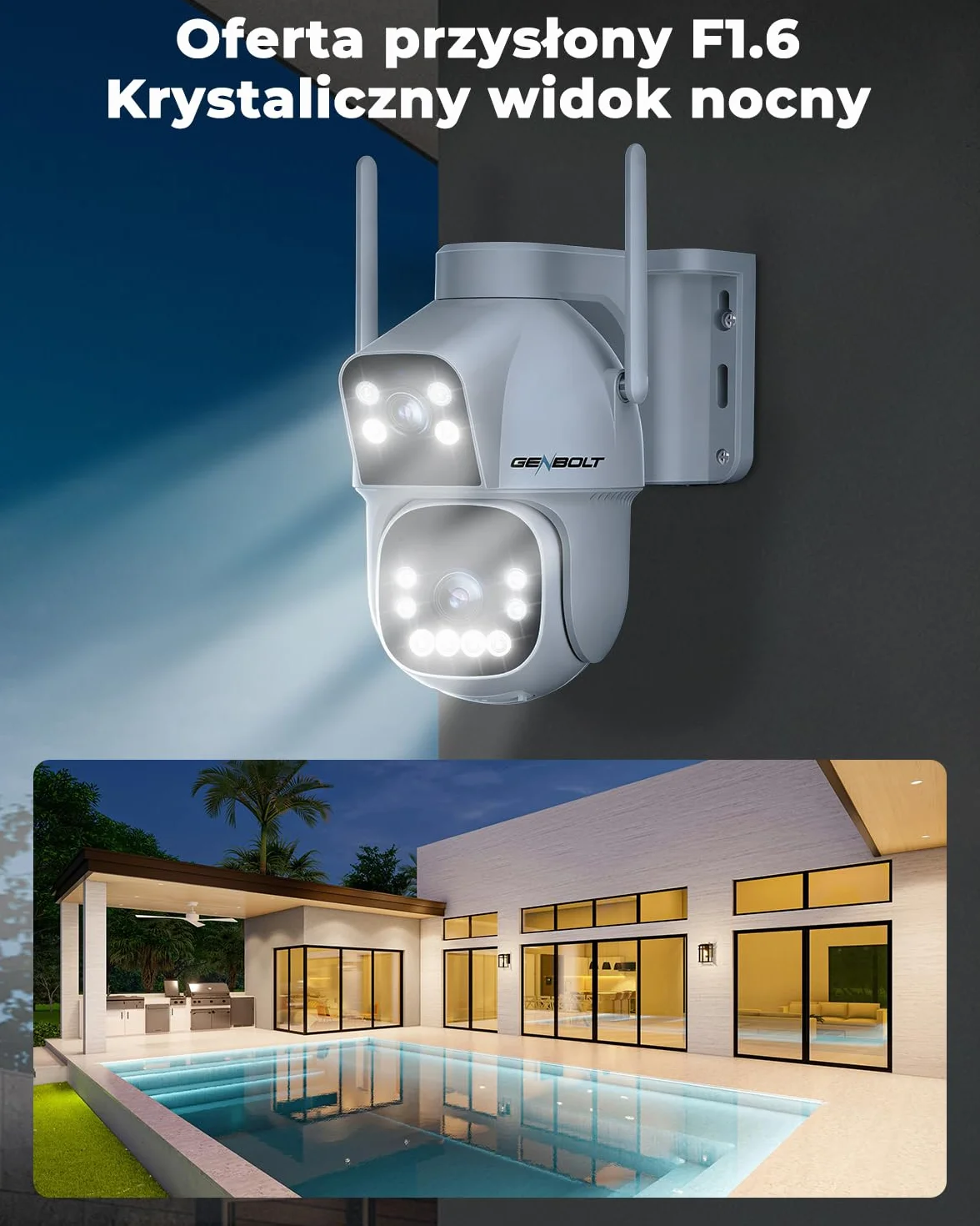 GENBOLT 2.5K AOV WiFi Kamera Zewnętrzna Solarna, Nagrywanie 24/7 3MP+3MP CCTV Zewnętrzna Kamera Monitoringu z wykrywaniem AI 90FT, Kamera IP Zewnętrzna 8W 15600mAh, Automatyczne śledzenie 2.4&5GHz