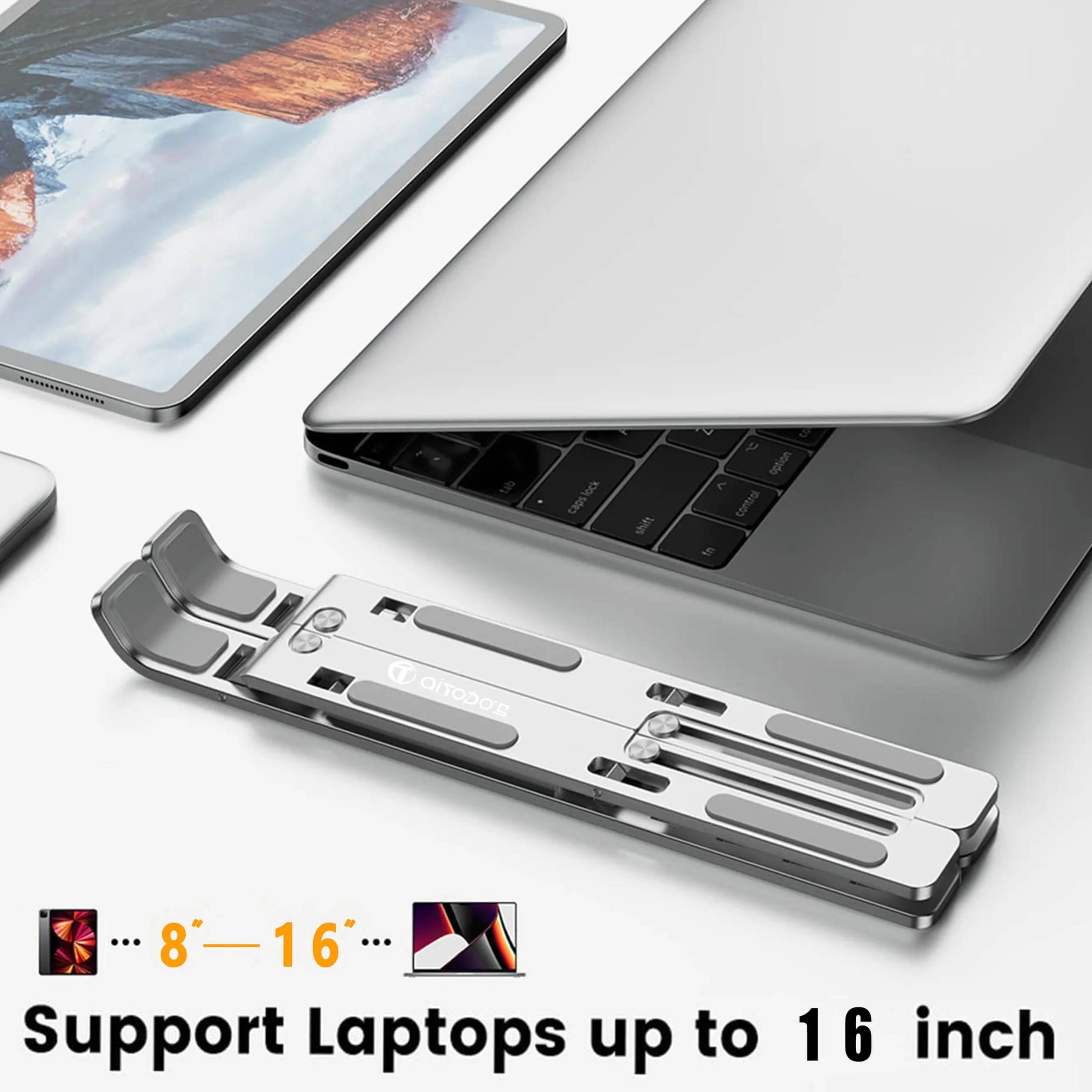 AiTodos® Stojak na Laptopa 8–16 Cali – Regulowany w 6 Pozycjach, Składany i Ergonomiczny, Antypoślizgowa, Stop Aluminium, Kompatybilny z MacBook Pro/Air, Dell, HP (Szary)