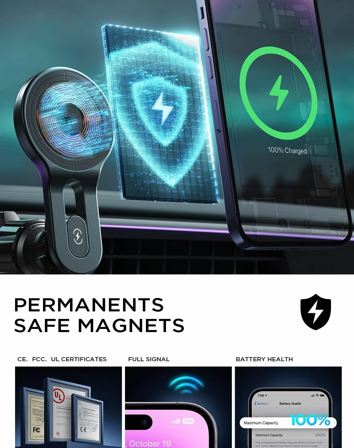 LISEN Magsafe Ładowarka samochodowa 15W, [360° obrót o] uchwyt samochodowy na telefon, magnetyczny uchwyt samochodowy bezprzewodowa ładowarka do Apple iPhone 15 14 13 Pro Max i smartfonów