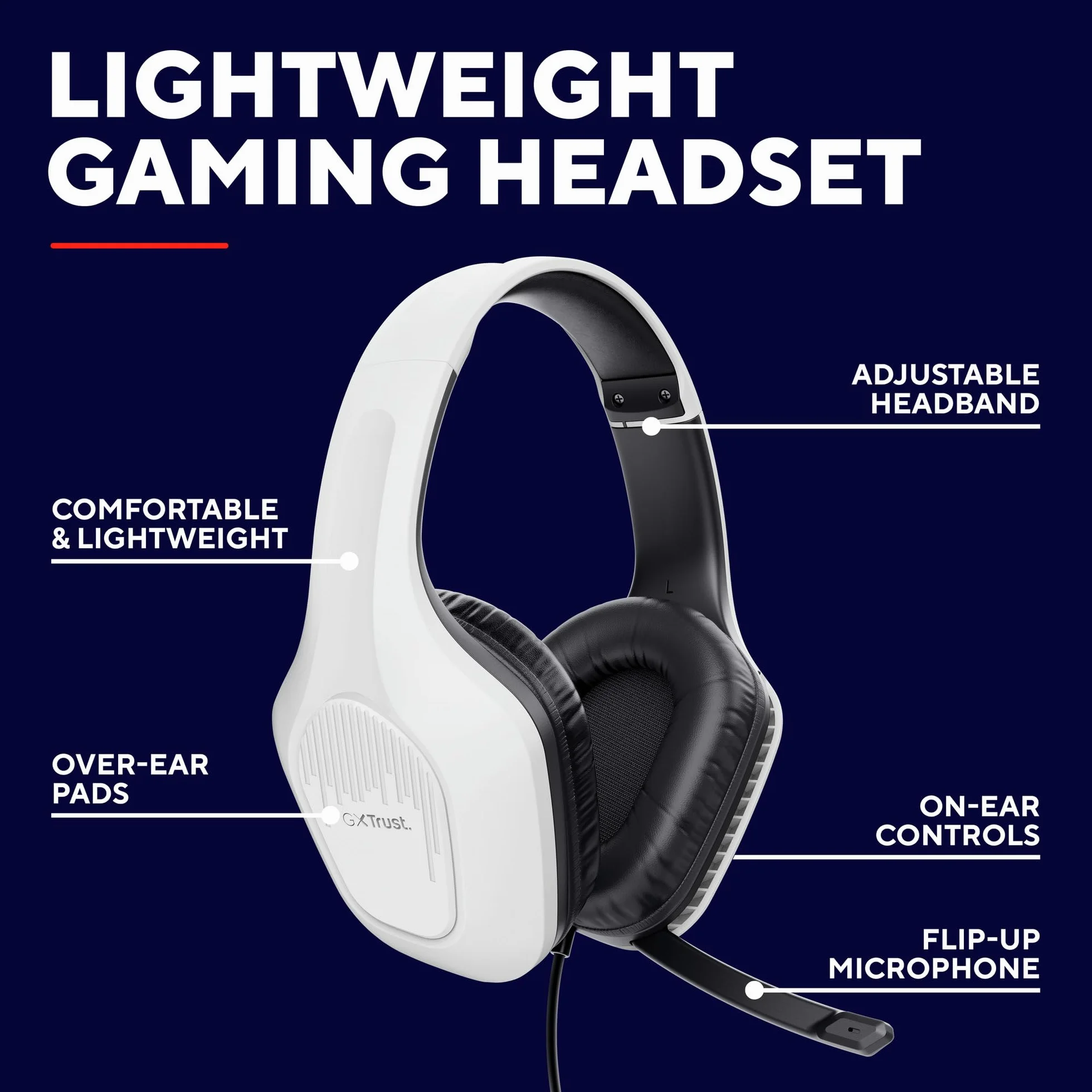 GXTrust 418W Rayne Lekkie Słuchawki Gamingowe PC Xbox PS4 PS5 Switch Smartfon 3.5 mm, Kabel 200cm, Przetworniki 50mm, Odchylany Mikrofon, Przewodowy Zestaw Słuchawkowy Wokółuszny, Biały