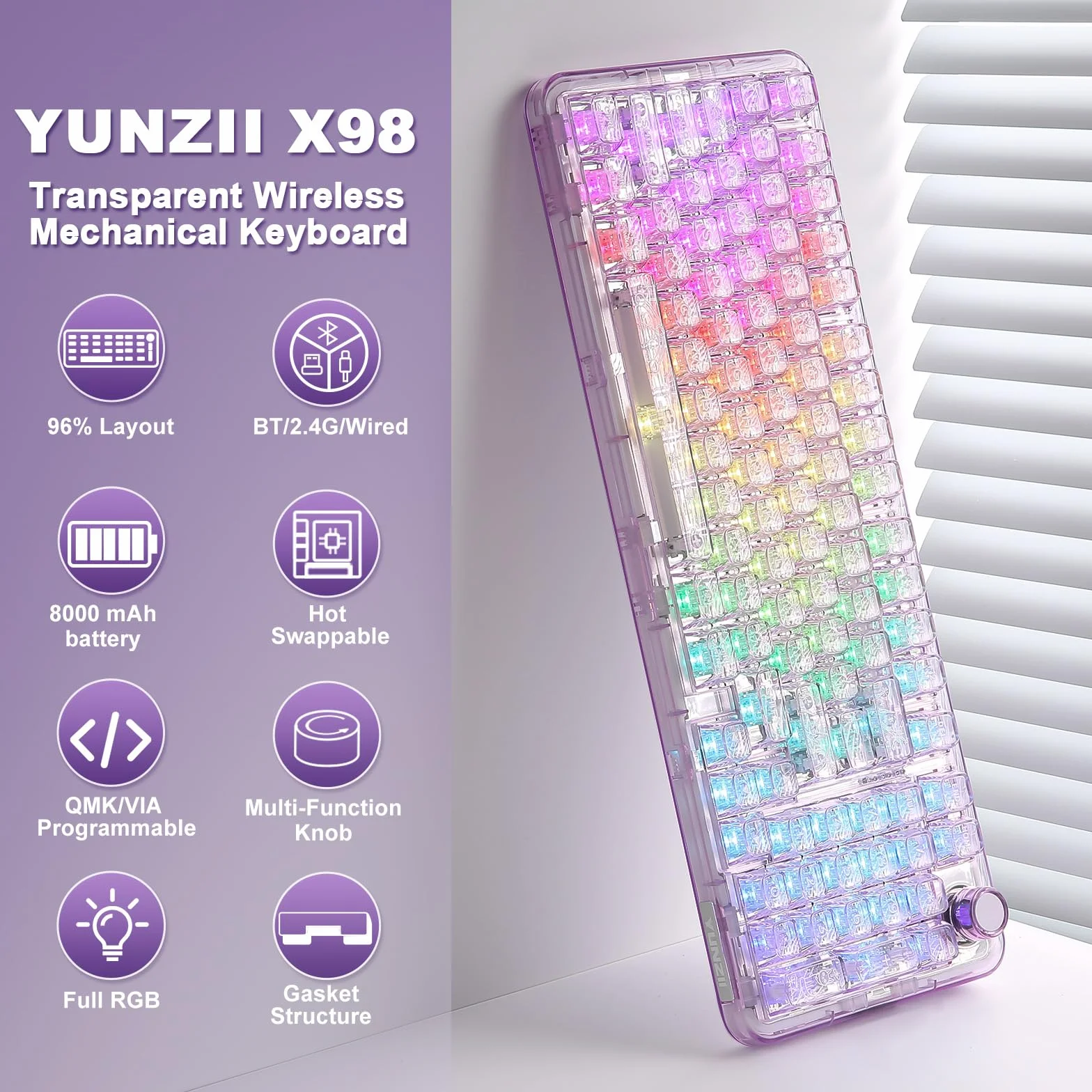 YUNZII X98 QMK/VIA Bezprzewodowa mechaniczna klawiatura do gier z pokrętłem, trójtrybowa BT5.0/USB-C/2,4 GHz, wstępnie nasmarowane przełączniki, mocowanie uszczelki (Fioletowy, Crystal Switch)