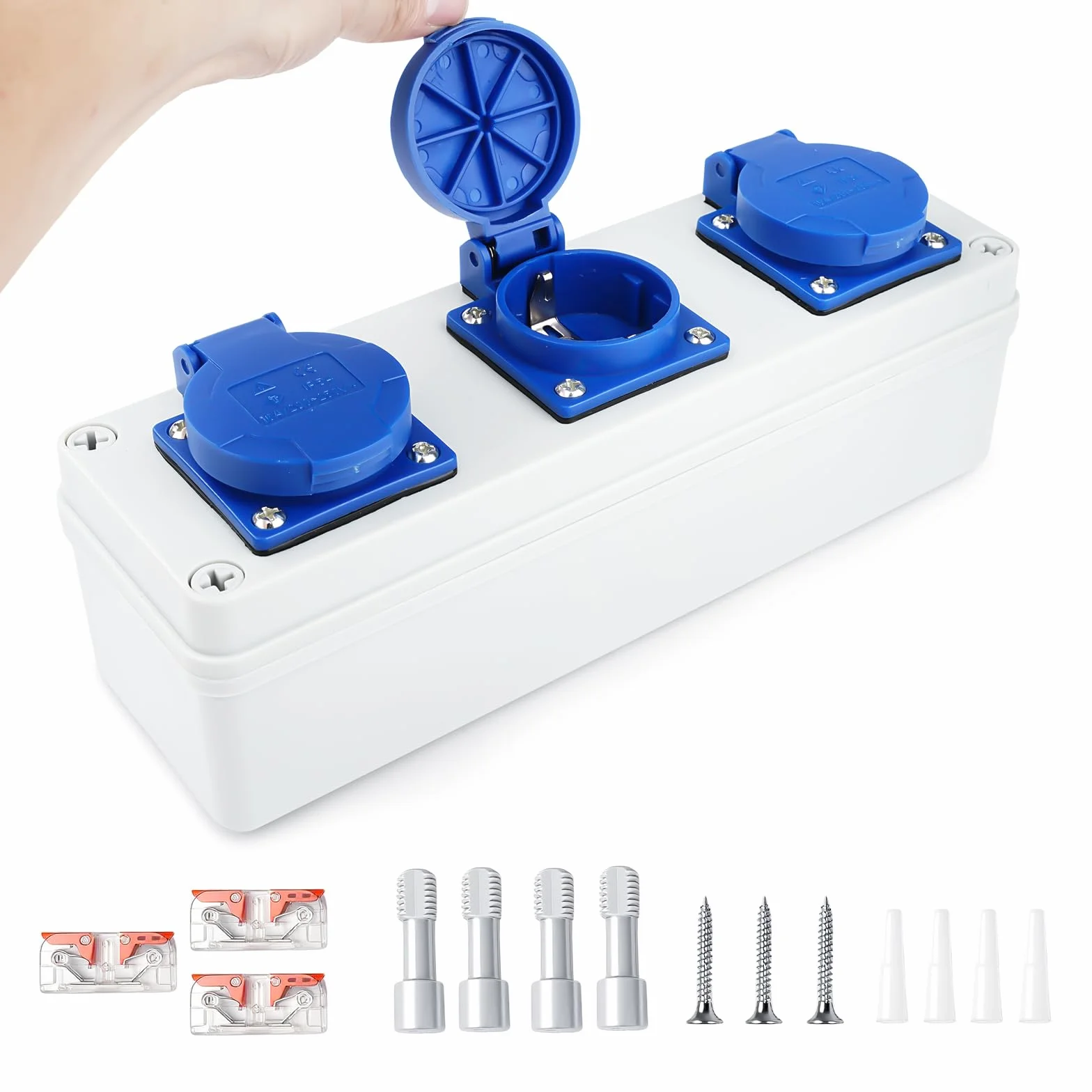 Rozdzielacz gniazdka, rozdzielacz ścienny, rozdzielacz prądu budowlanego 16 A, 3 x 220 V, gniazdo Schuko, rozdzielacz prądu na zewnątrz, wodoszczelny, IP54, nadaje się do użytku wewnątrz i na zewnątrz