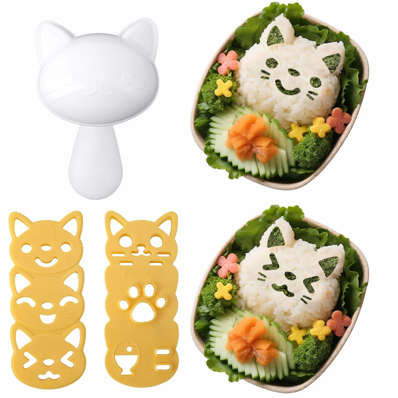 Zestaw 7 Foremek do Ryżowych Kulek w Kształcie Kota i Trójkąta z Gumową Podkładką Narzędzia Sushi DIY