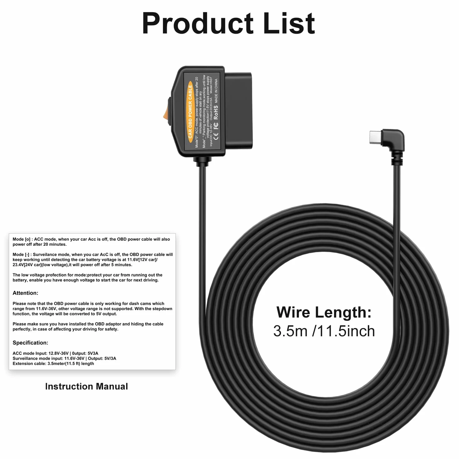 OBD kabel zasilający do kamery samochodowej, zestaw OBD2 do Typ C z przyciskiem włącznika, 12-36V do 5V/3A, 24-godzinna monitorowanie/tryb ACC, Nadaje się do kamery samochodowej, GPS lub