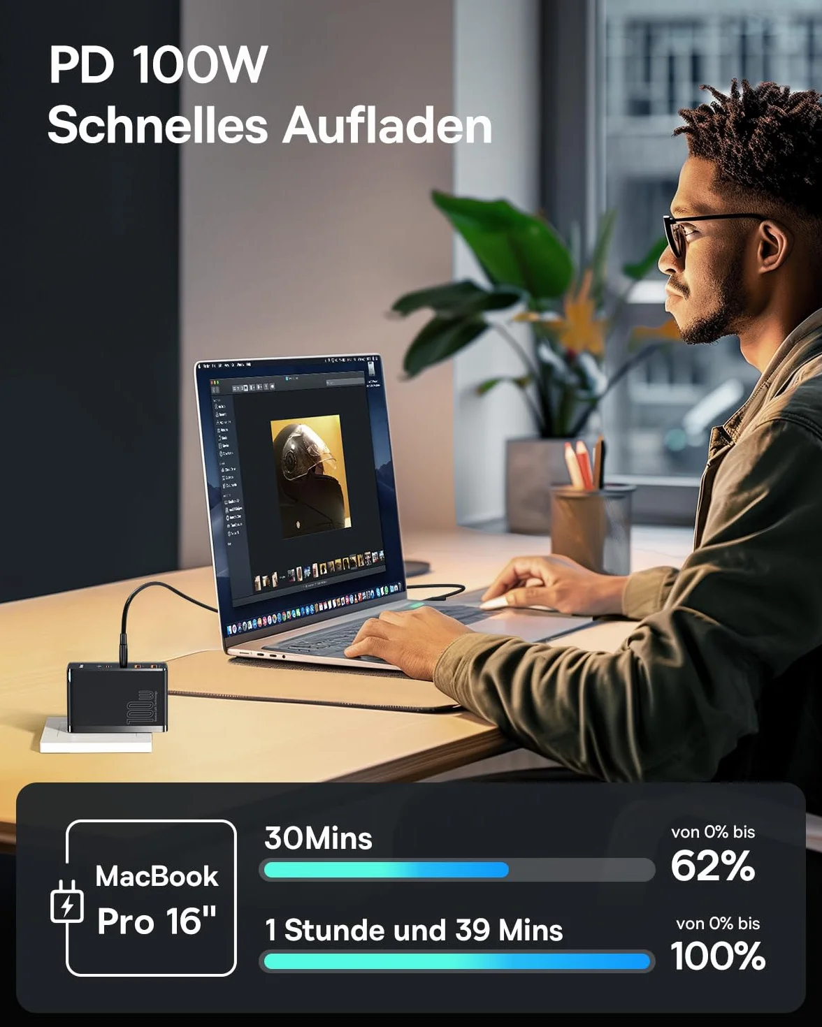 Baseus Ładowarka USB C, 100 W, 4 porty, GaN PD, zasilacz sieciowy 100 W, kompatybilna z MacBook Pro Air iPhone 16 Pro 15 14 13 Laptop iPad Samsung S25 Ultra