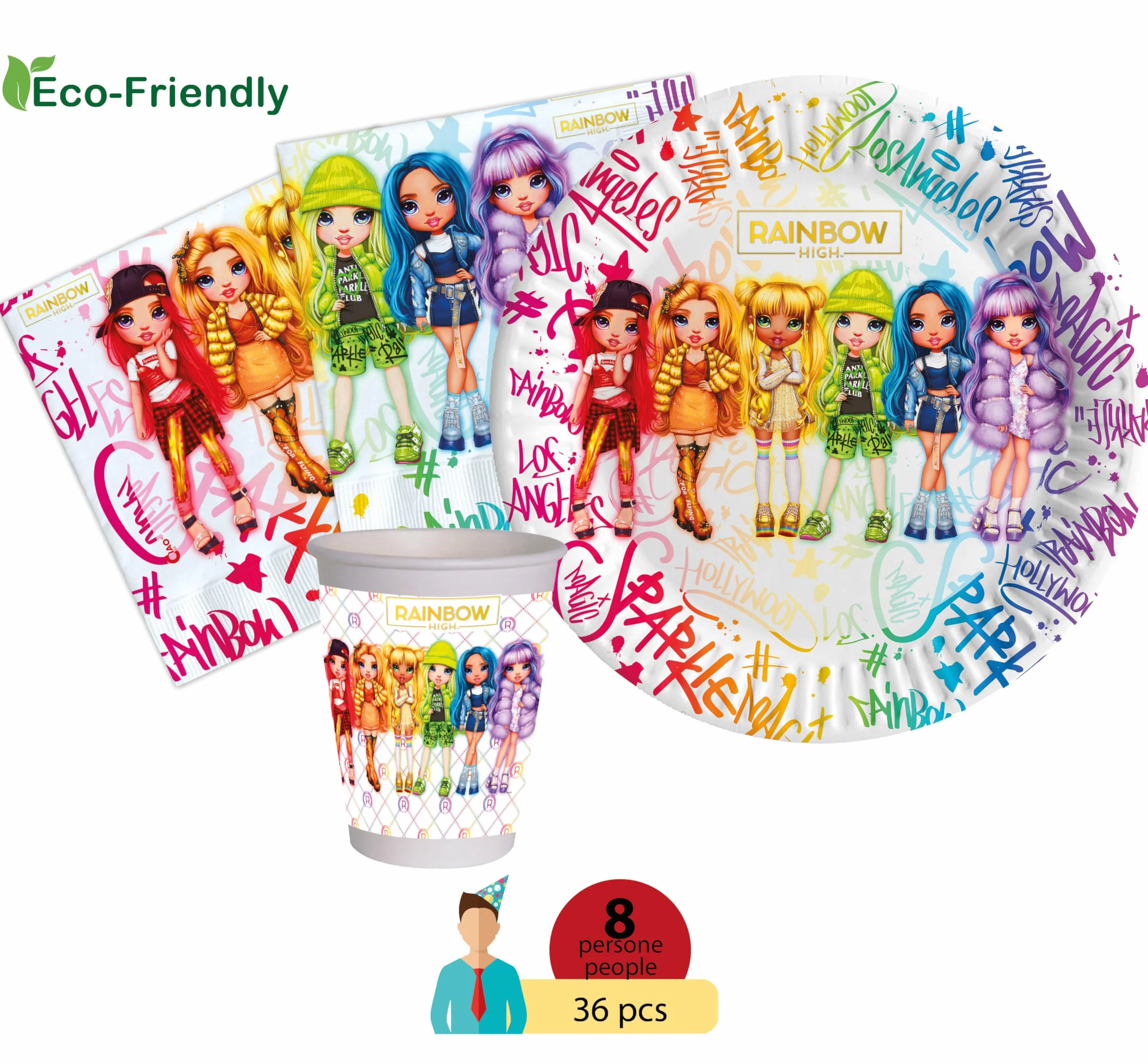 Ciao AZ025 Rainbow High Zawartość 8 naczyń Ø18cm 8 szklanek 200ml 20 serwetek 33x33cm