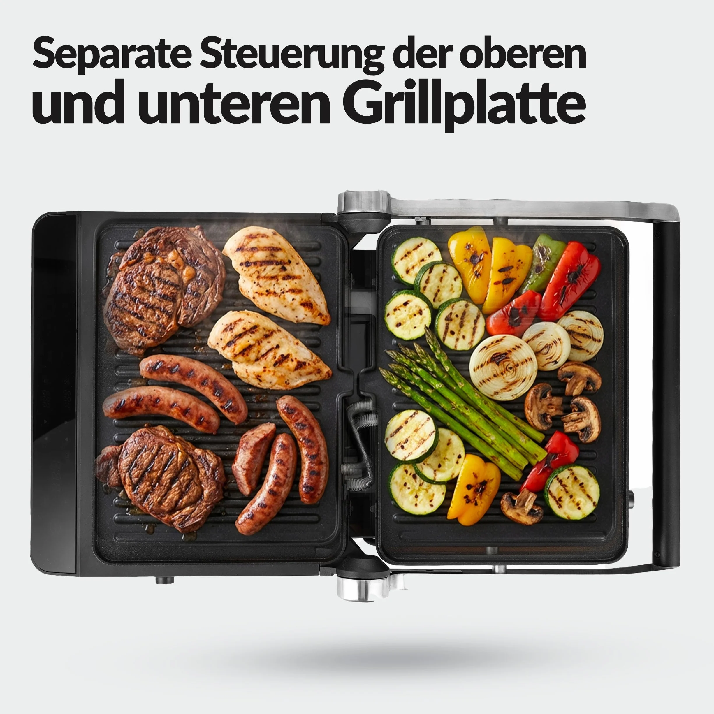 LEHMANN Grill kontaktowy, 2000 W, grill stołowy rozkładany 180°, zdejmowane płyty nieprzywierające, wyświetlacz: 10 programów, regulacja temperatury 90-230°C, timer 1-240 min, grill elektryczny do