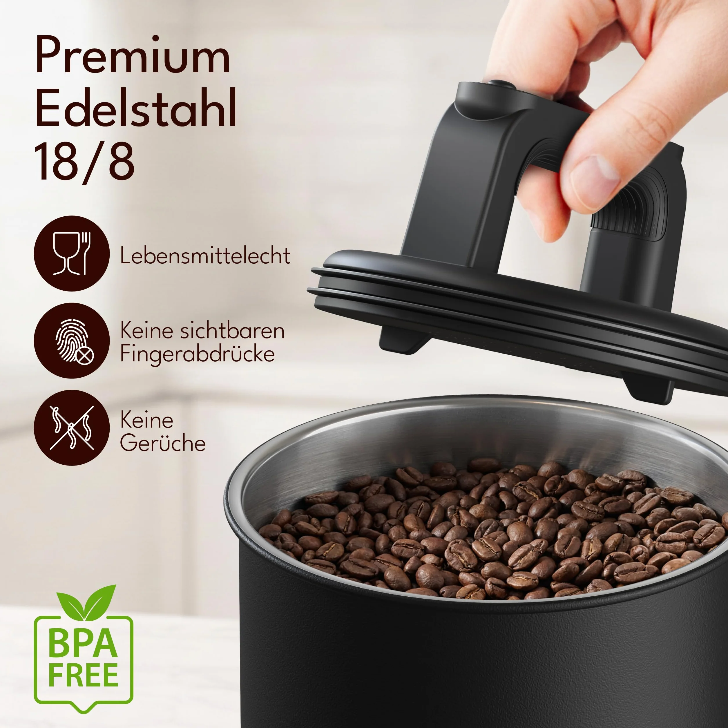 Hermetyczny pojemnik na kawę, 500 g, z pokrywką próżniową (pojemnik na kawę, herbatę, ze stali nierdzewnej, z zamknięciem zapachowym, słoik do przechowywania 500 g kawy), czarny matowy (1700 cm)
