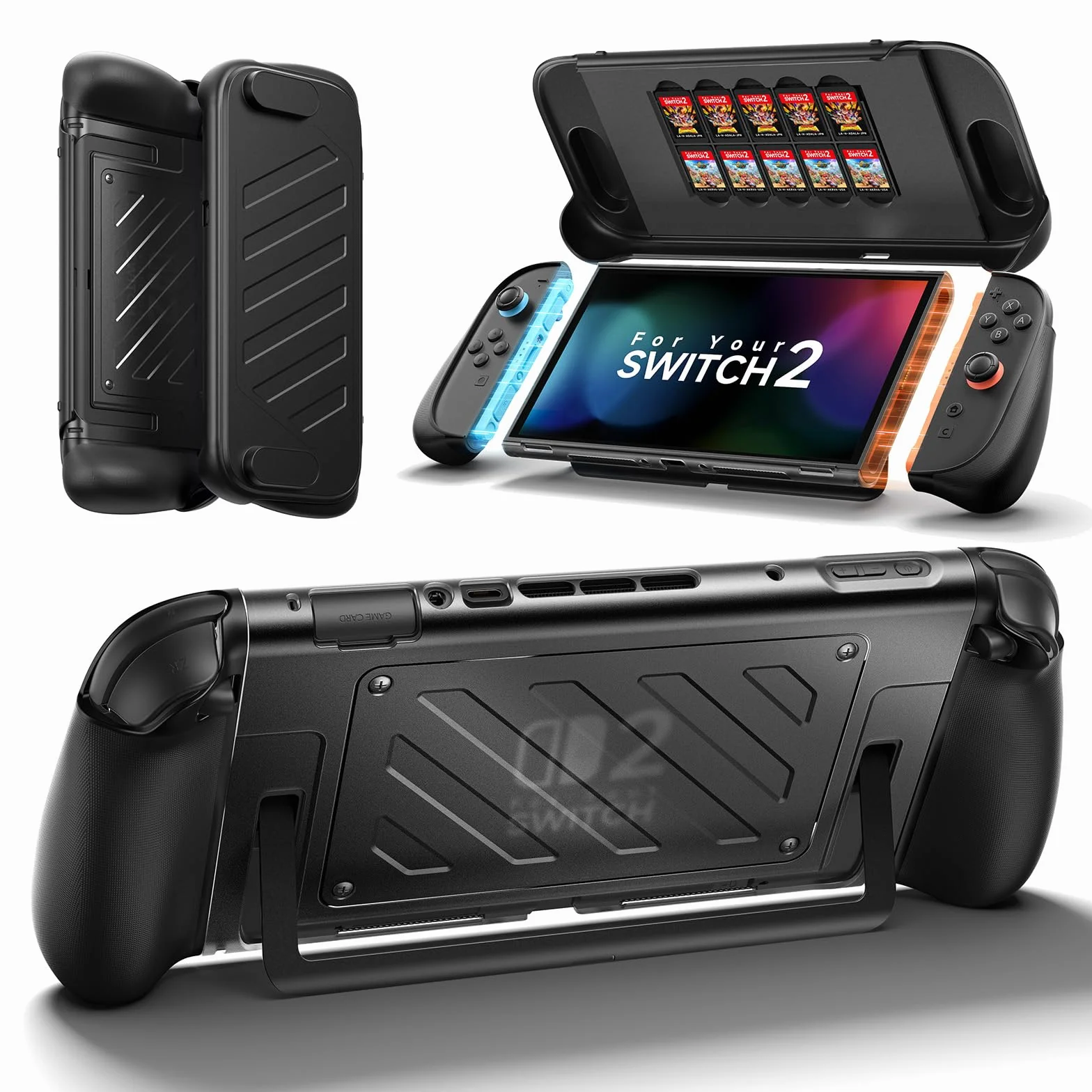 JSAUX Etui ochronne dzielone kompatybilne z Switch 2, rama z TPU i pokrywa przednia, uchwyt antypoślizgowy, na 10 kart, obsługuje podstawkę, odporny na wstrząsy i zarysowania, PC0114