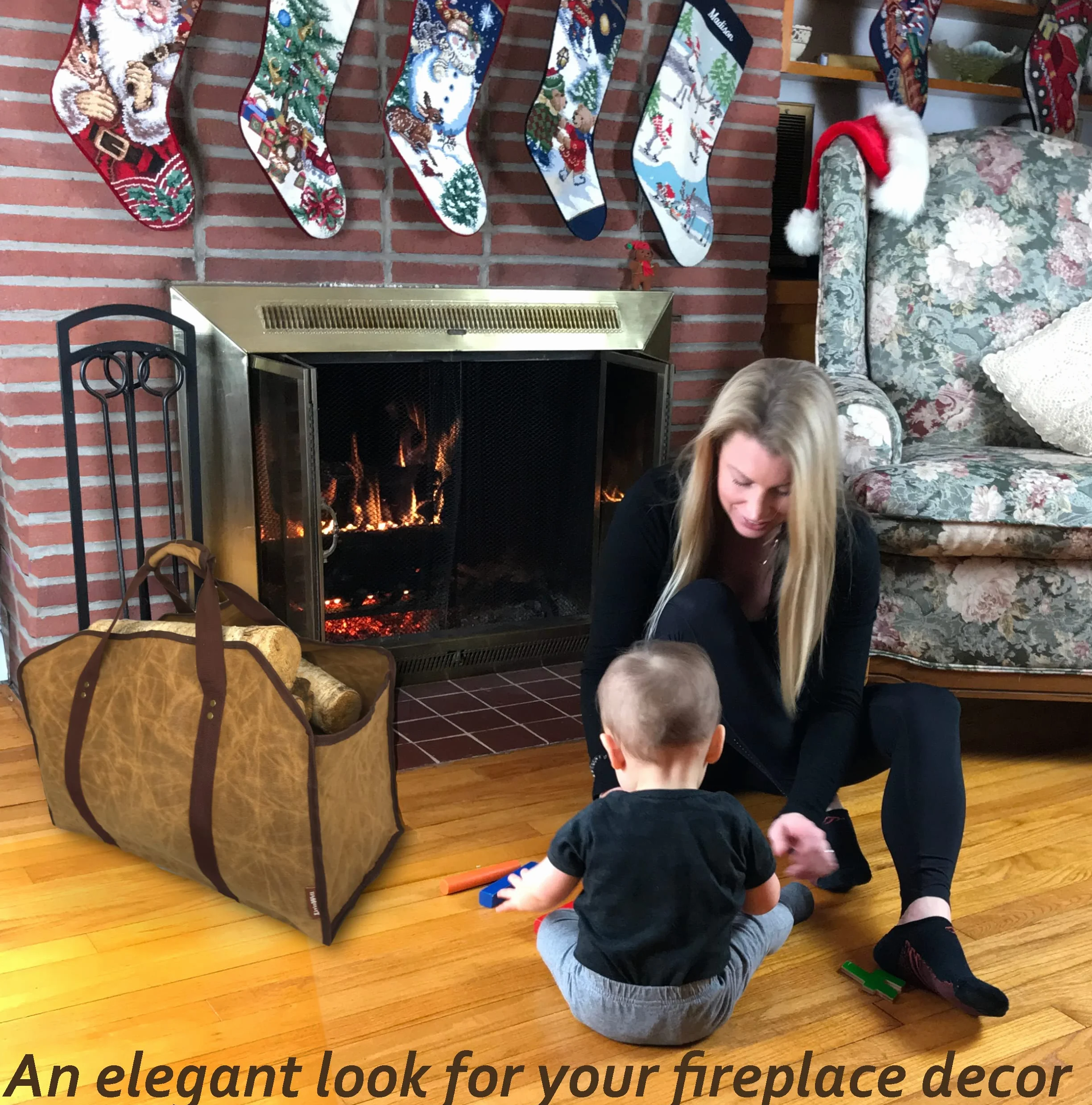 LivinWell Firewood Carrier Fire Wood Log Carry Bag Closed End Tote Stands Up for Easy Loading Heavy Duty Large Carrying Waxed Canvas Holder Basket Strong Straps Woodstove Fireplace Decor
