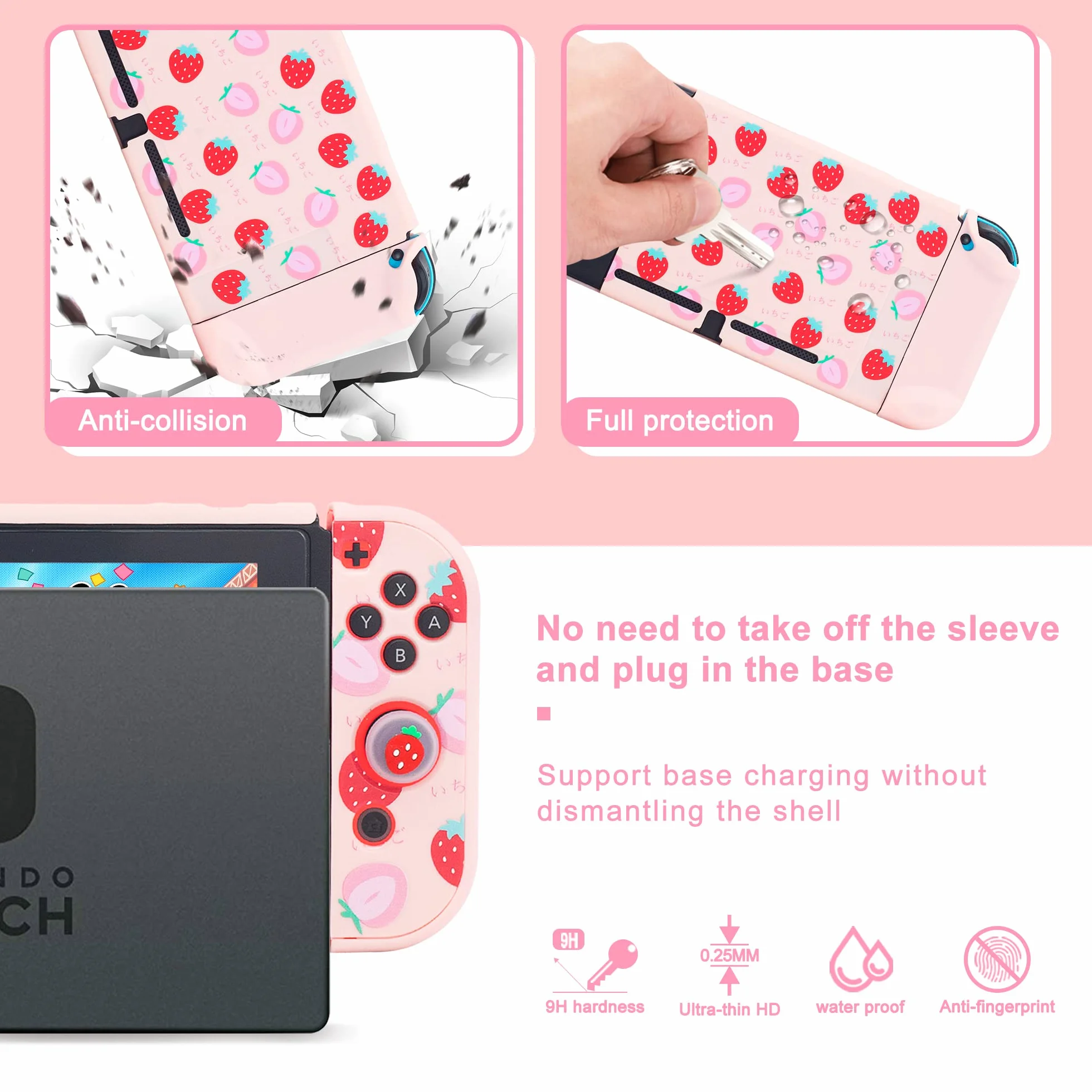 BRHE Switch pokrowiec Case etui do Nintendo Switch, akcesoria podróżne, torba do przenoszenia, zestaw z torbą do gry i 2 nakładkami na kciuki (różowe)