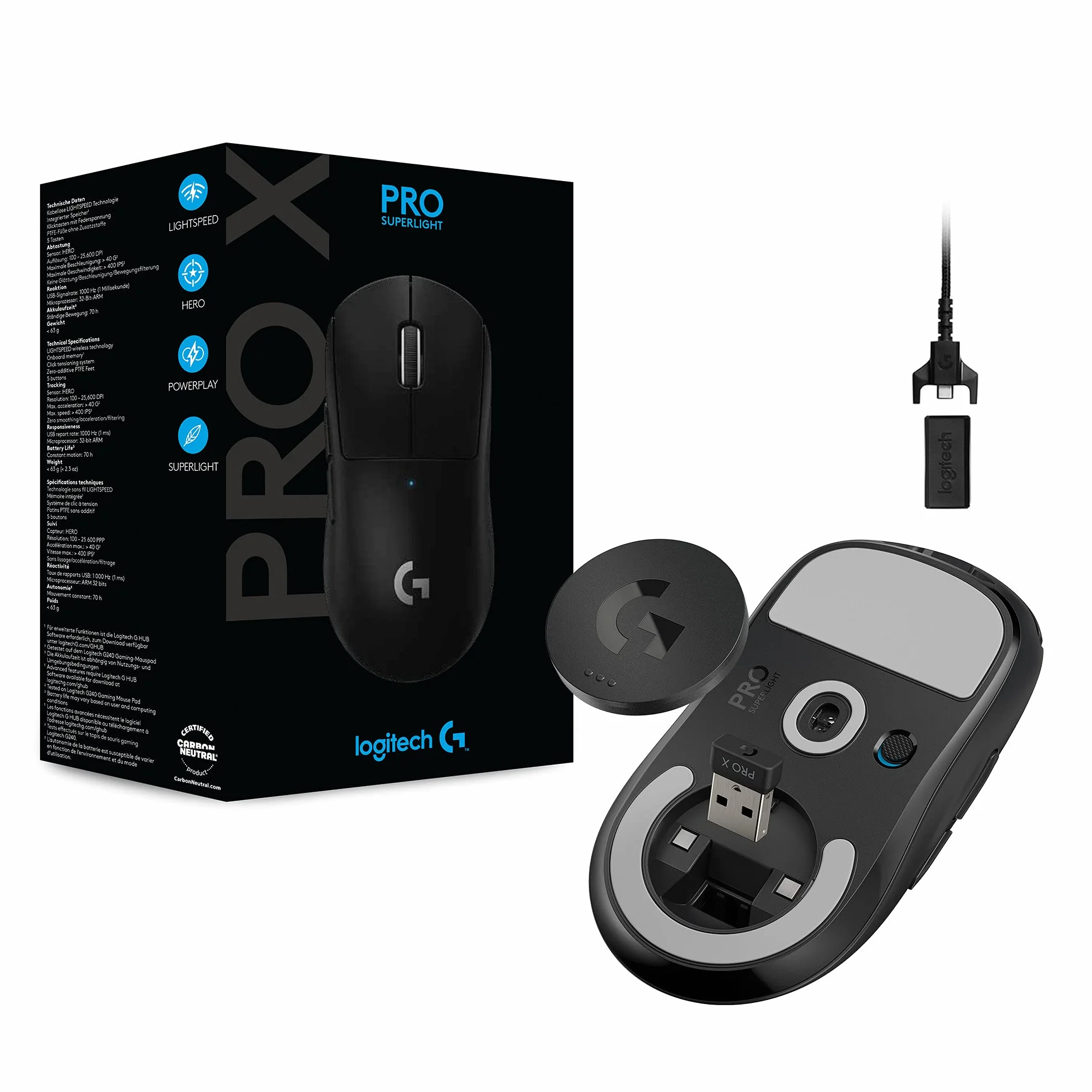 Logitech G PRO X SUPERLIGHT Bezprzewodowa mysz gamingowa, lekka, czujnik HERO 25K, 25,600 DPI, 5 programowalnych przycisków, długi czas pracy baterii, kompatybilna z PC/Mac - Czarny