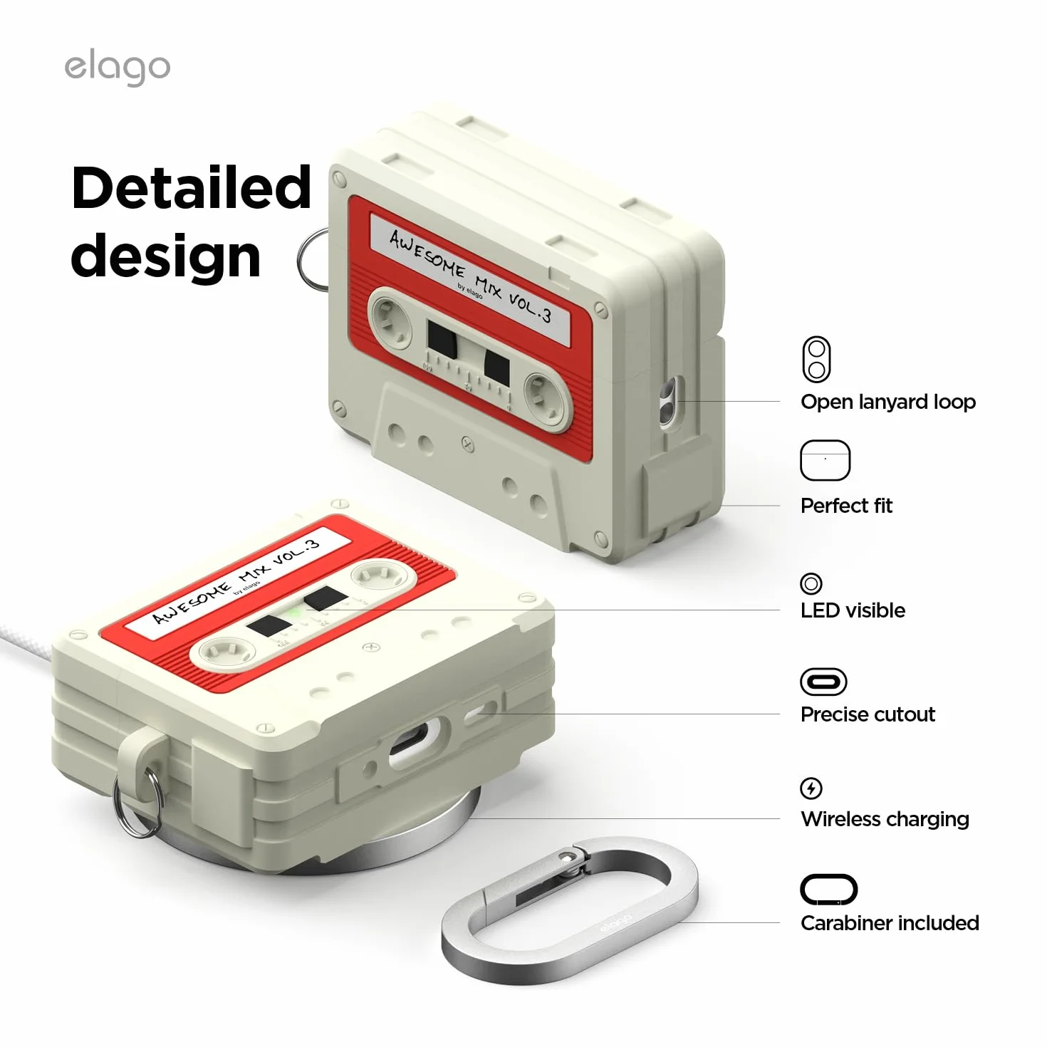 elago Etui w Kształcie Kasety Kompatybilne z AirPods Pro 3 – Z Karabińczykiem, Obsługuje Bezprzewodowe Ładowanie, Odporne na Wstrząsy, Pełna Ochrona (Classic White)