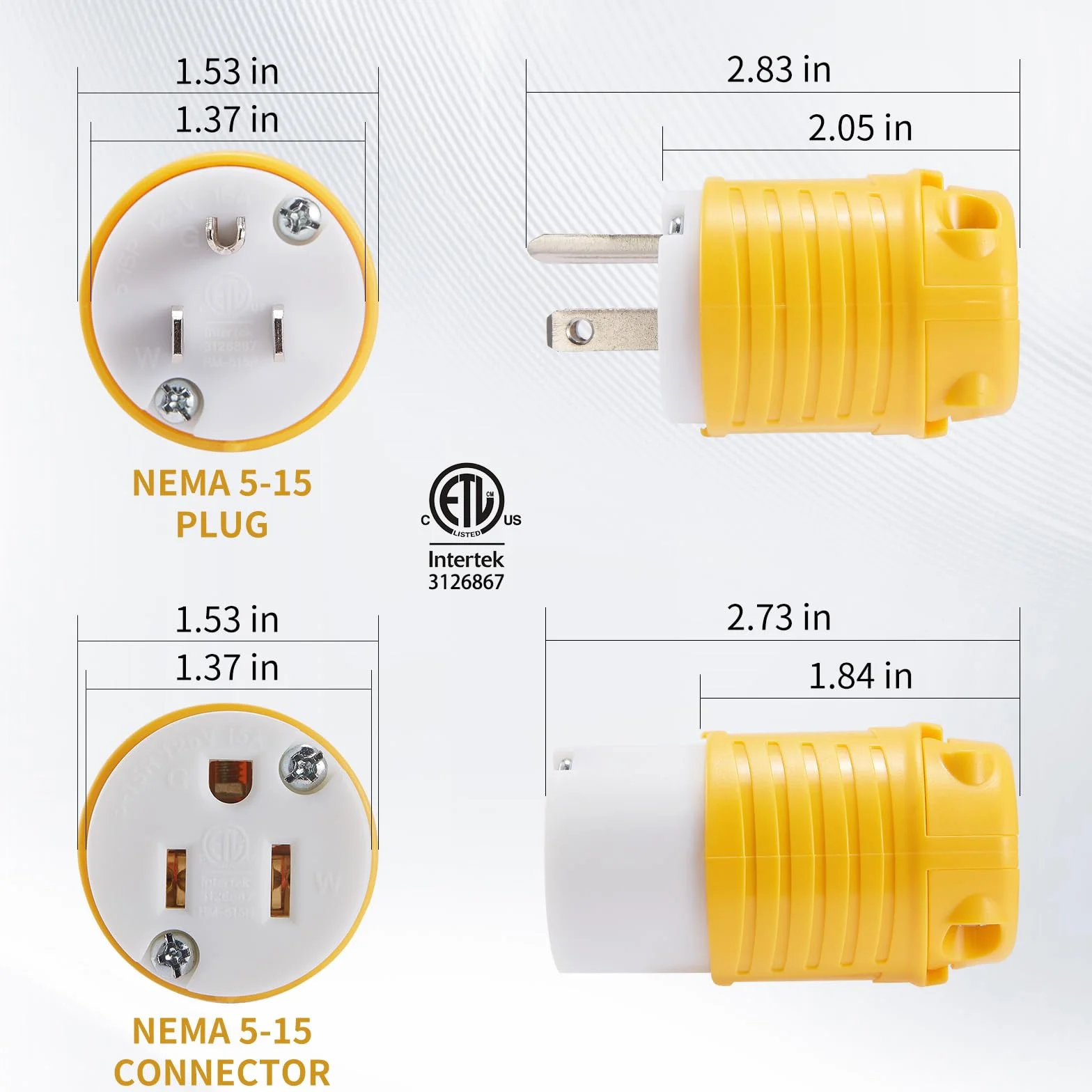 Przedłużki męskie 15 A 125 V NEMA 5-15, 10 sztuk, solidne, 3-pinowe gniazdko elektryczne klasy przemysłowej, typ uziemienia, certyfikat ETL