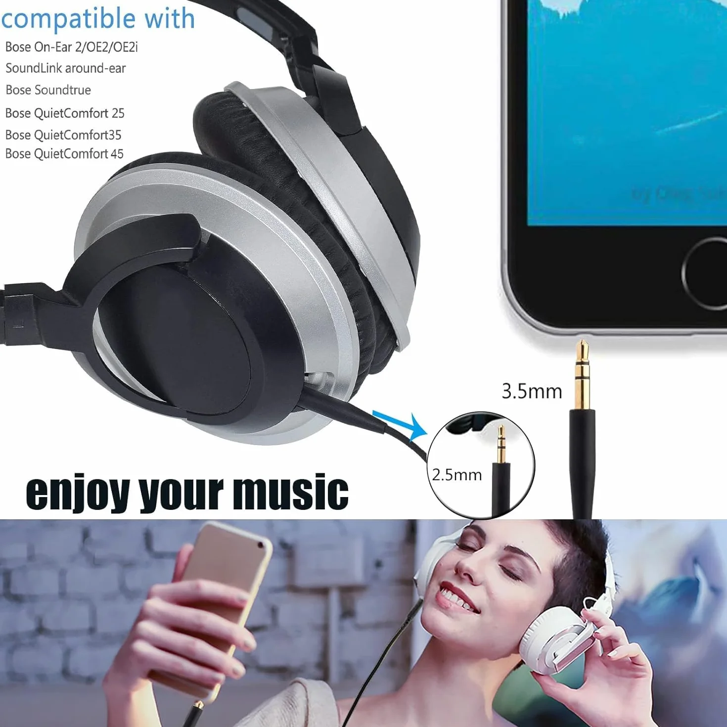 Toxaoii Kabel audio kompatybilny z Bose 700 QuietComfort QC45 QC35II QC35 QC25 SoundTrue Soundlink On-Ear 2 OE2 Kabel pomocniczy (czarny)