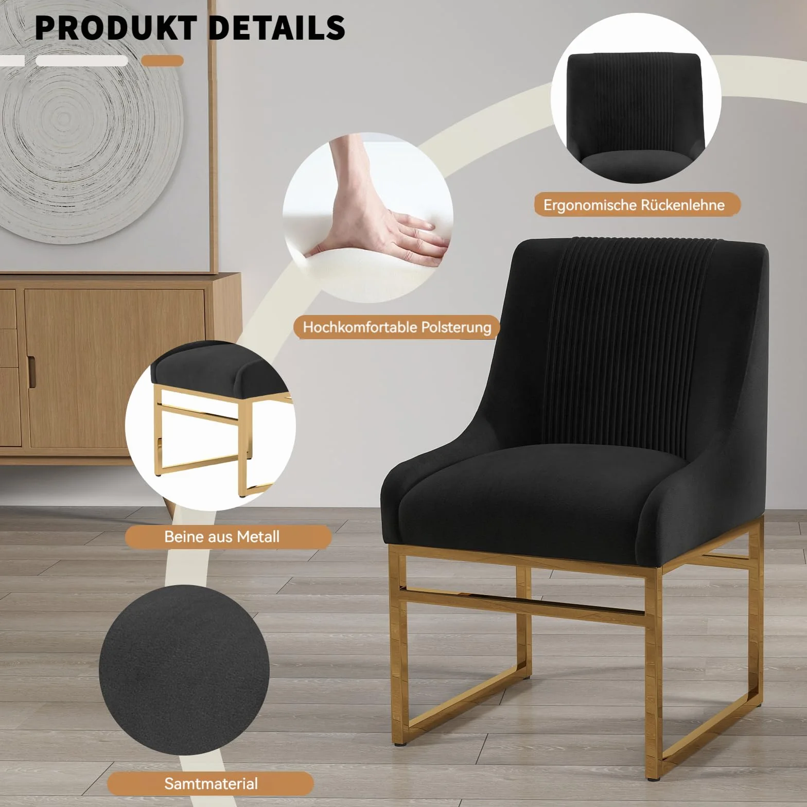 Zestaw 2 krzeseł kuchennych aksamitne złote nogi metalowa rama mid-century modern
