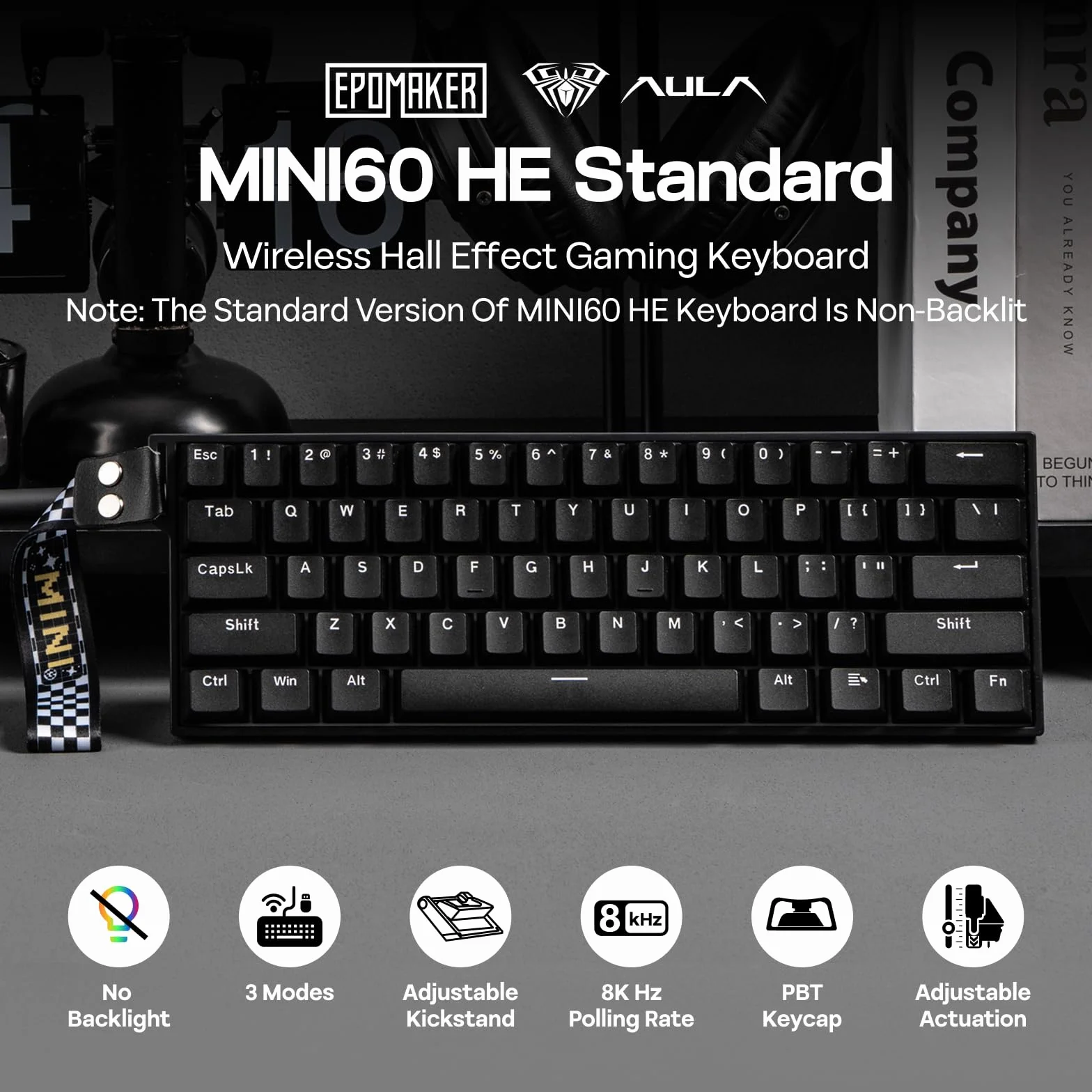EPOMAKER Aula MINI60 HE klawiatura do gier z efektem Halla, 2.4GHz/BT, częstotliwość odczytu 8K Hz, SOCD i DKS, regulowane działanie i szybki spust, klawisze PBT, 60% bezprzewodowa klawiatura