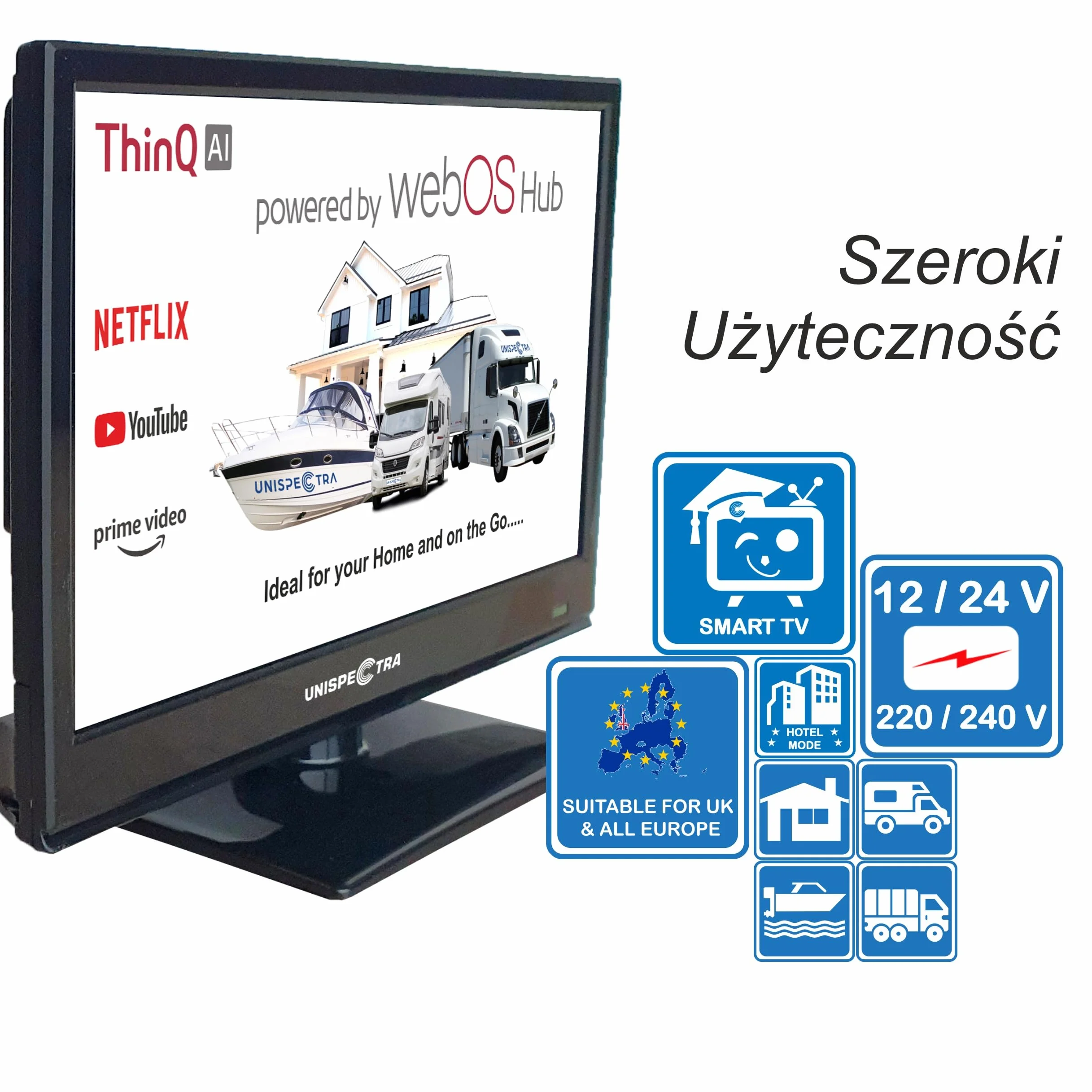 Unispectra ® 16” Smart TV (webOS) Full HD 230V 12V 24V potrójny tuner, 3x HDMI, 2x USB, pilot Magic. Telewizor 12 V do samochodów kempingowych, przyczep kempingowych, ciężarówek, łodzi