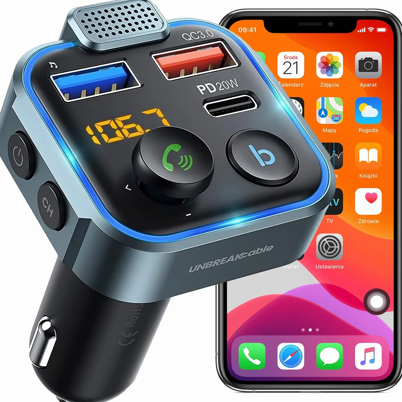 Retoo Transmiter FM Bluetooth 5.0 radio samochodowe, USB typu C QC 3.0, PD 20 W, odbiornik, szybkie ładowanie, z podwójnym ładowaniem USB, zestaw głośnomówiący, ładowarka samochodowa