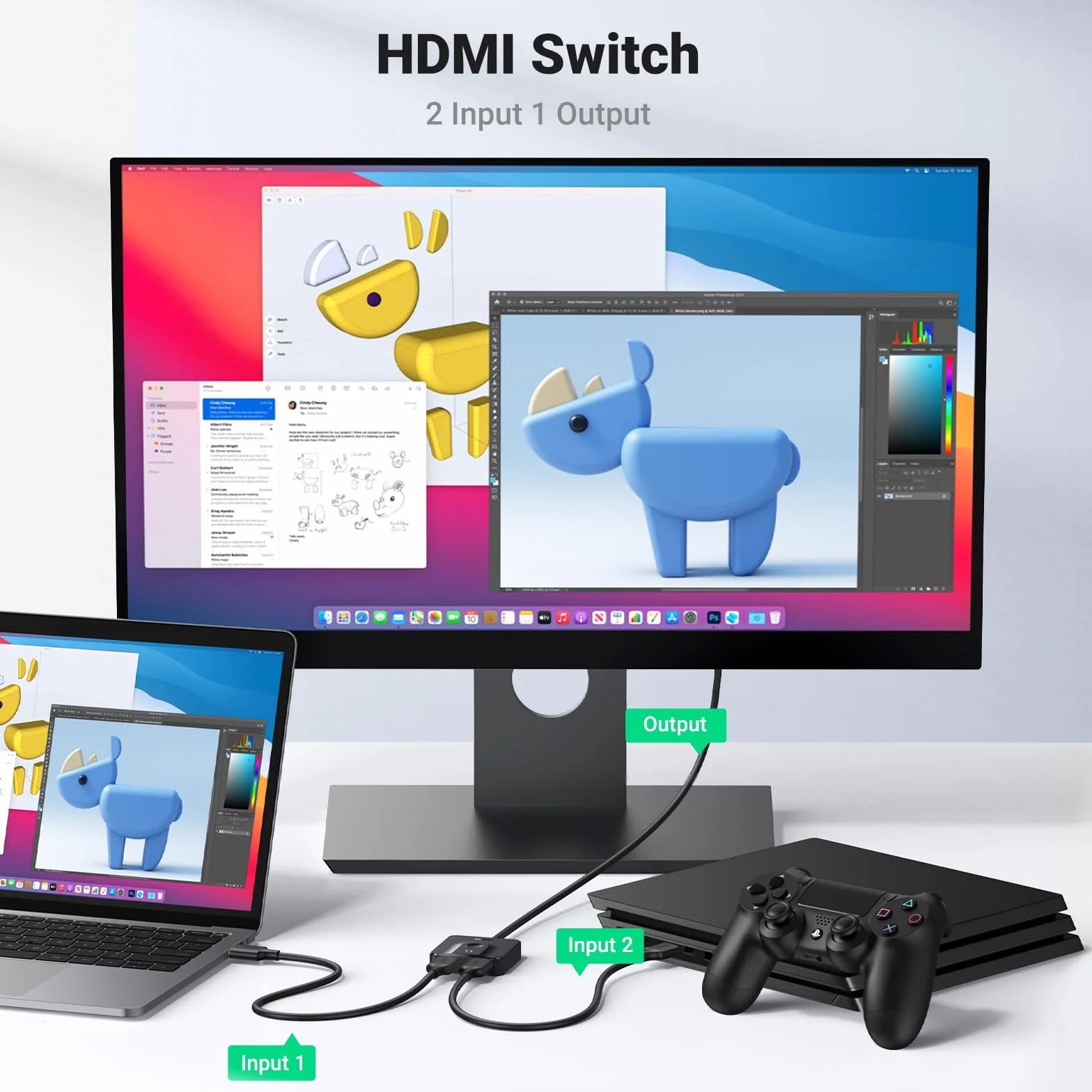 UGREEN Przełącznik HDMI 4K przy 60 Hz z kablem 1M, dwukierunkowy rozdzielacz 2 w 1 wyjście obsługuje 3D 1080P HDR kompatybilny z PS5/PS4, HDTV, Xbox, Blu-Ray, Firestick