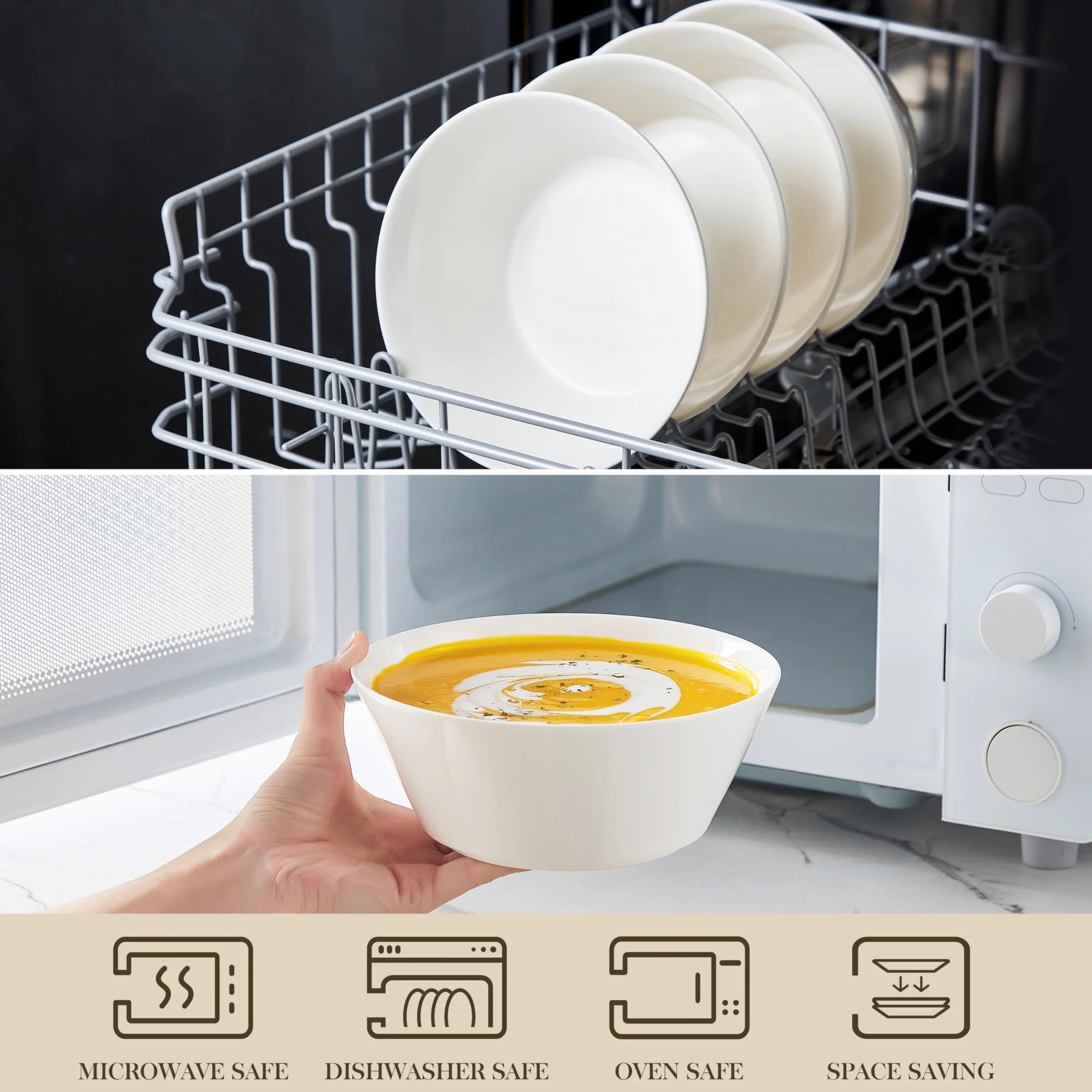 MALACASA Zestaw ceramicznych misek do zupy, zestaw 4 x 1050 ml, głębokie miseczki koloru białego na ramen, musli, sałatki, owoce - nadają się do zmywarki i kuchenki mikrofalowej, seria REG-Decca