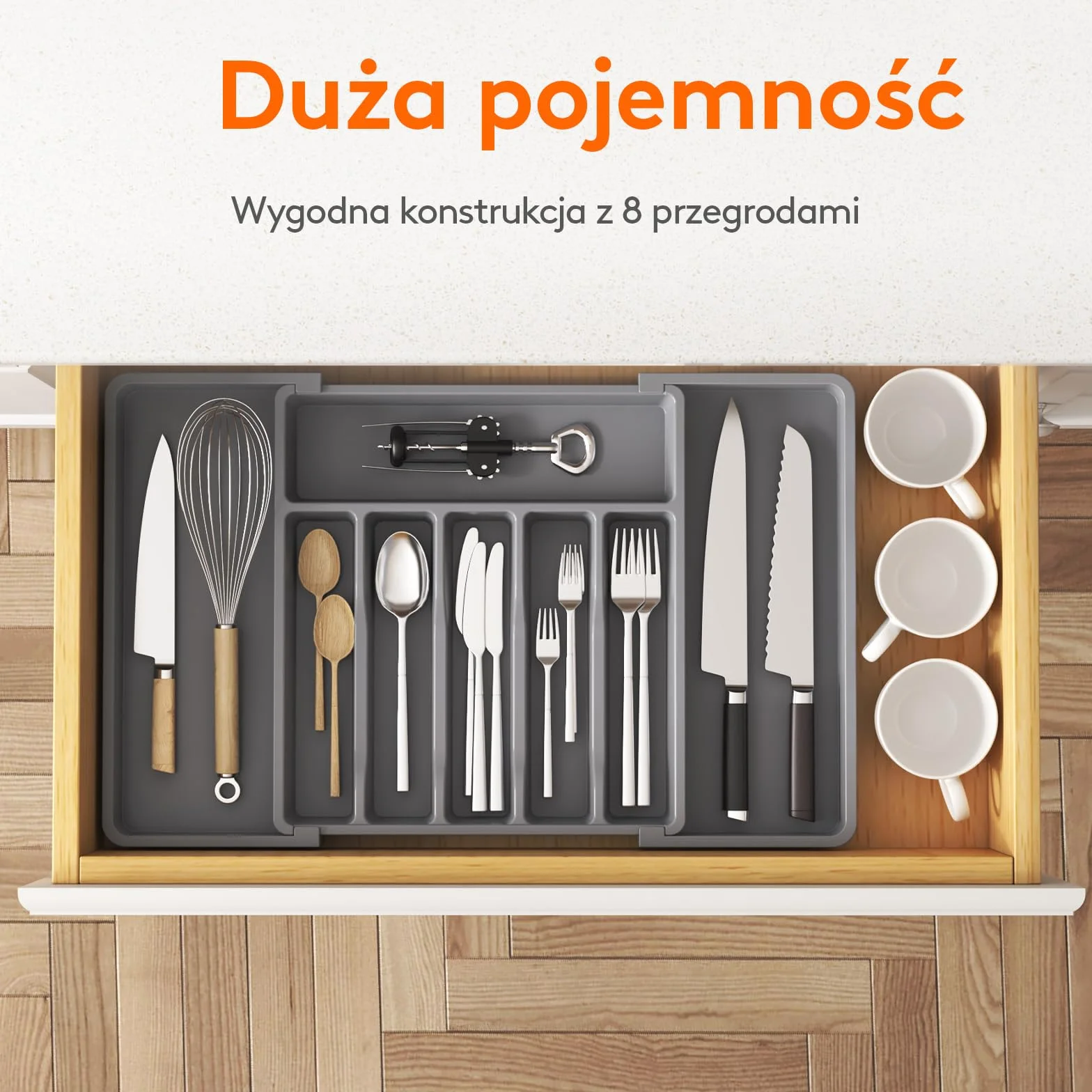 Lifewit Silverware Organizer, Rozszerzalna Taca na Przybory do Szuflady, Regulowany Uchwyt na Sztućce, Kompaktowa Plastikowa Szuflada do Przechowywania Łyżek, Widelce, Noże, Duża, Ciemnoszary