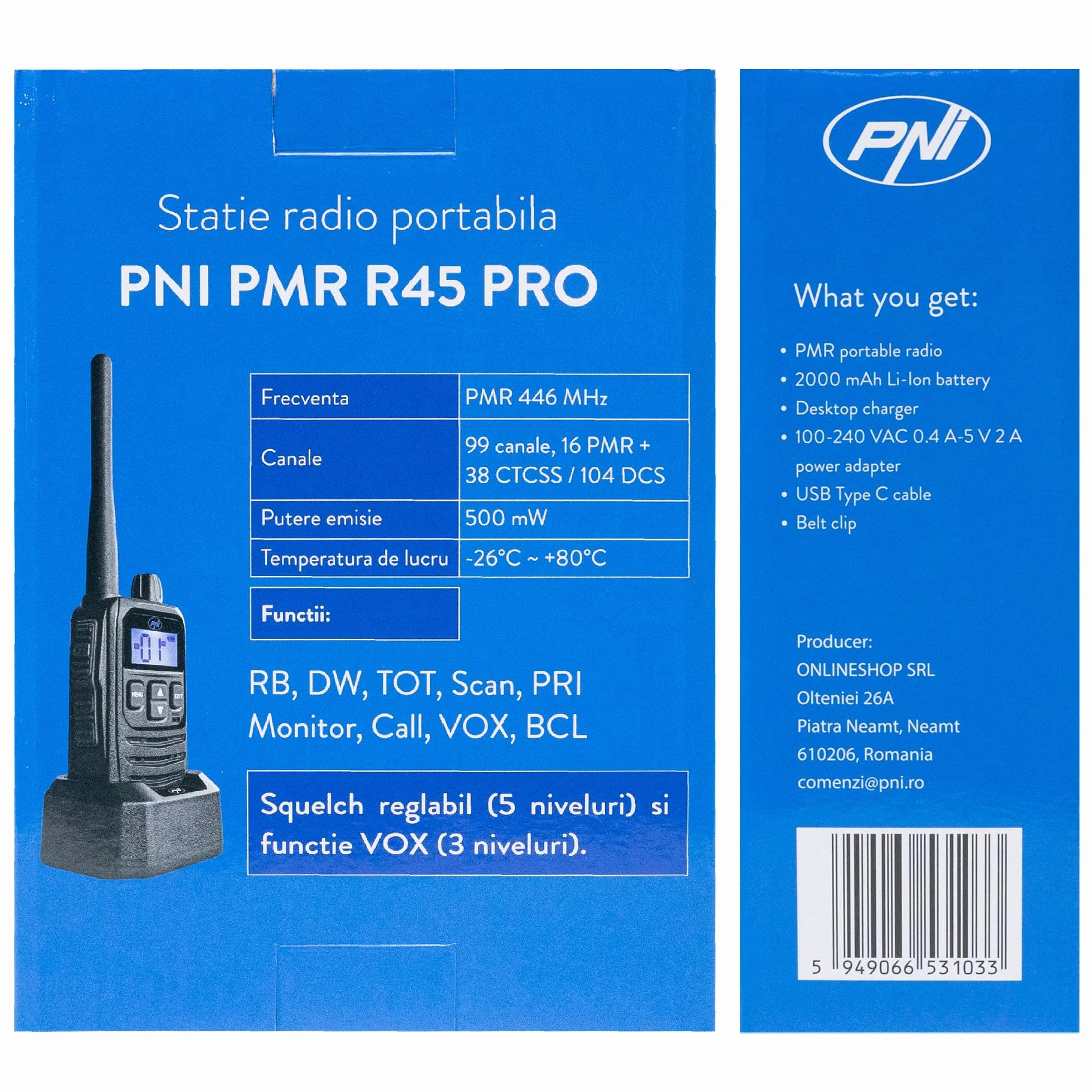 Przenośna stacja radiowa PNI PMR R45 PRO 446MHz, 0,5W, 99 programowalnych kanałów, 16 PMR i 38 tonów CTCSS i 104 DCS, 5 poziomów Squelch, VOX, TOT, BCL, Scan, Roger Beep