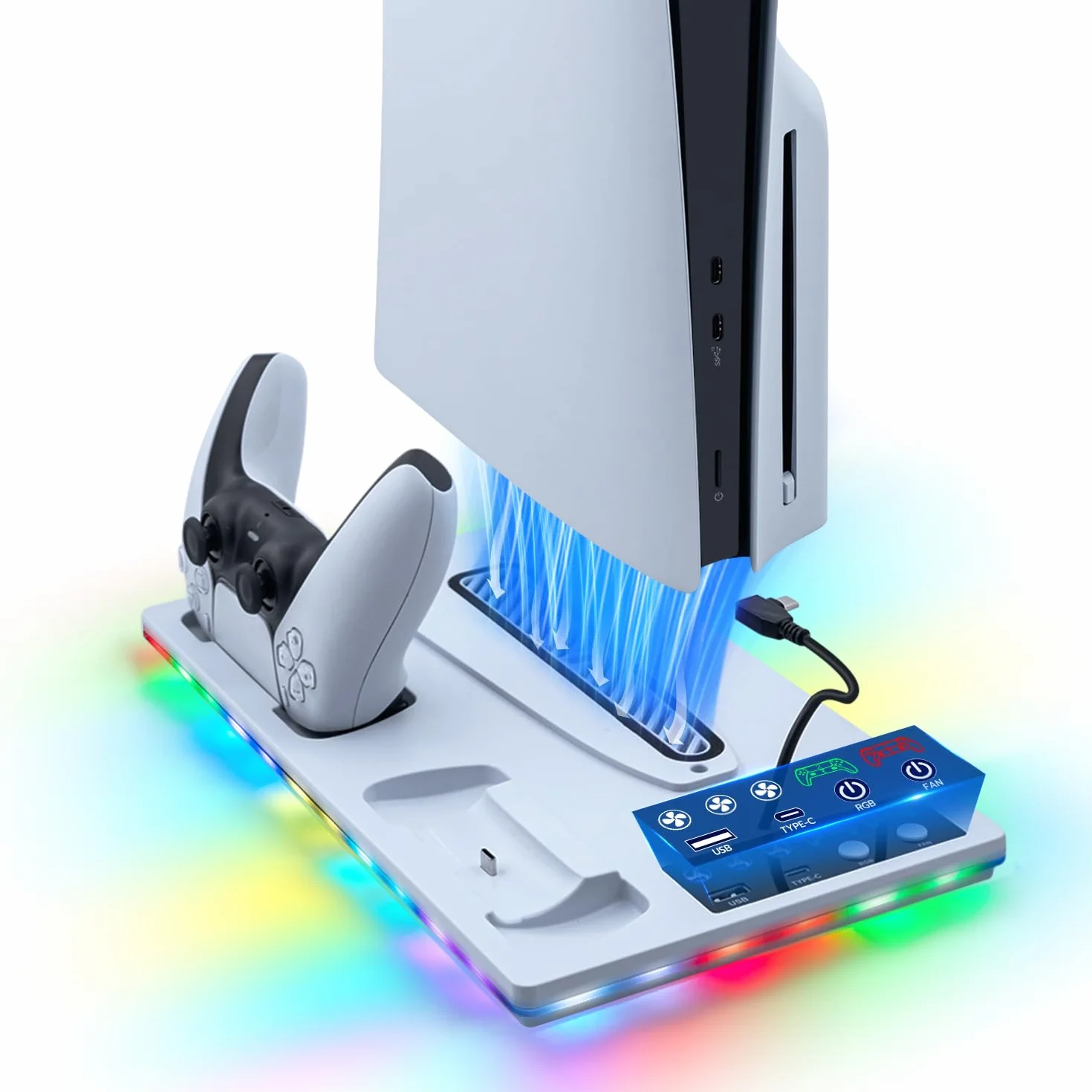 Pionowa podstawa z chłodzeniem do PS5/PS5 Slim, stacja ładująca Dual Controller z 3-stopniowym wentylatorem/światło RGB do PS5 UHD & Digital / PS5 Slim Disc & Digital